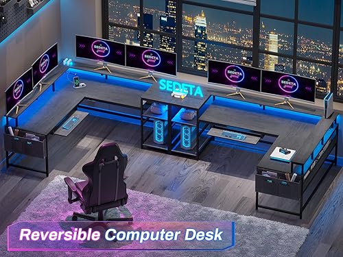 Miniatura 10 de SEDETA L Shaped Gaming Desk, Convertible 96" Home Office Desk or Corner Desk, L Shaped Desk with Power Outlets & LED Strip, Monitor Stand, Keyboard