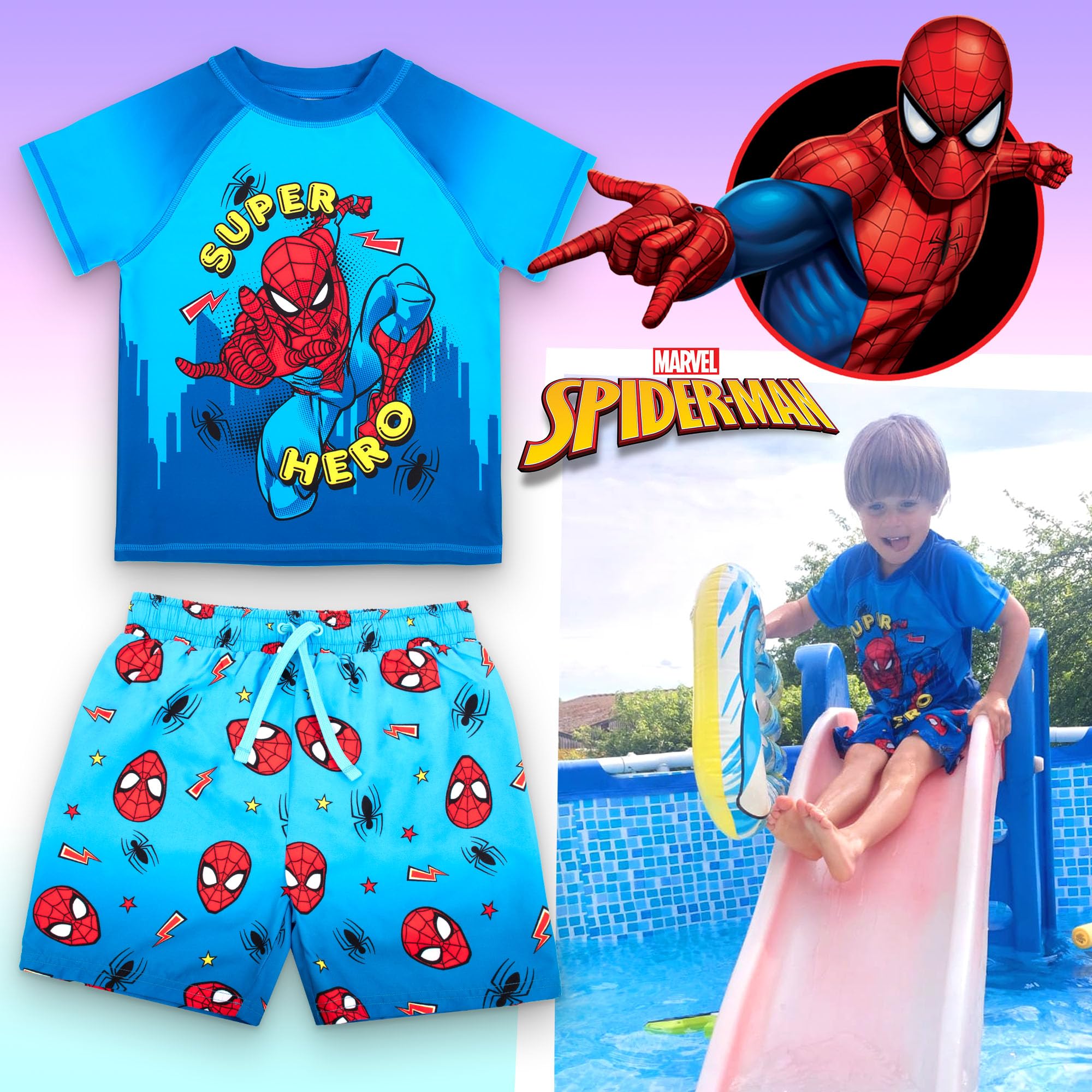 Marvel Spiderman Maillot de bain 2 pièces pour garçon avec short de bain et t-shirt Protection solaire UV 2-6 ans