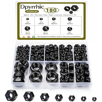 Dpyrrhic 180 Pcs Locknuts Assortment Kit,Black 304 Stainless Steel Lock Nuts Kit Metric Nylon Insert Lock Nuts Set,M3 M4 M5 M6 M8 M10 M12 Size Assortment Kit