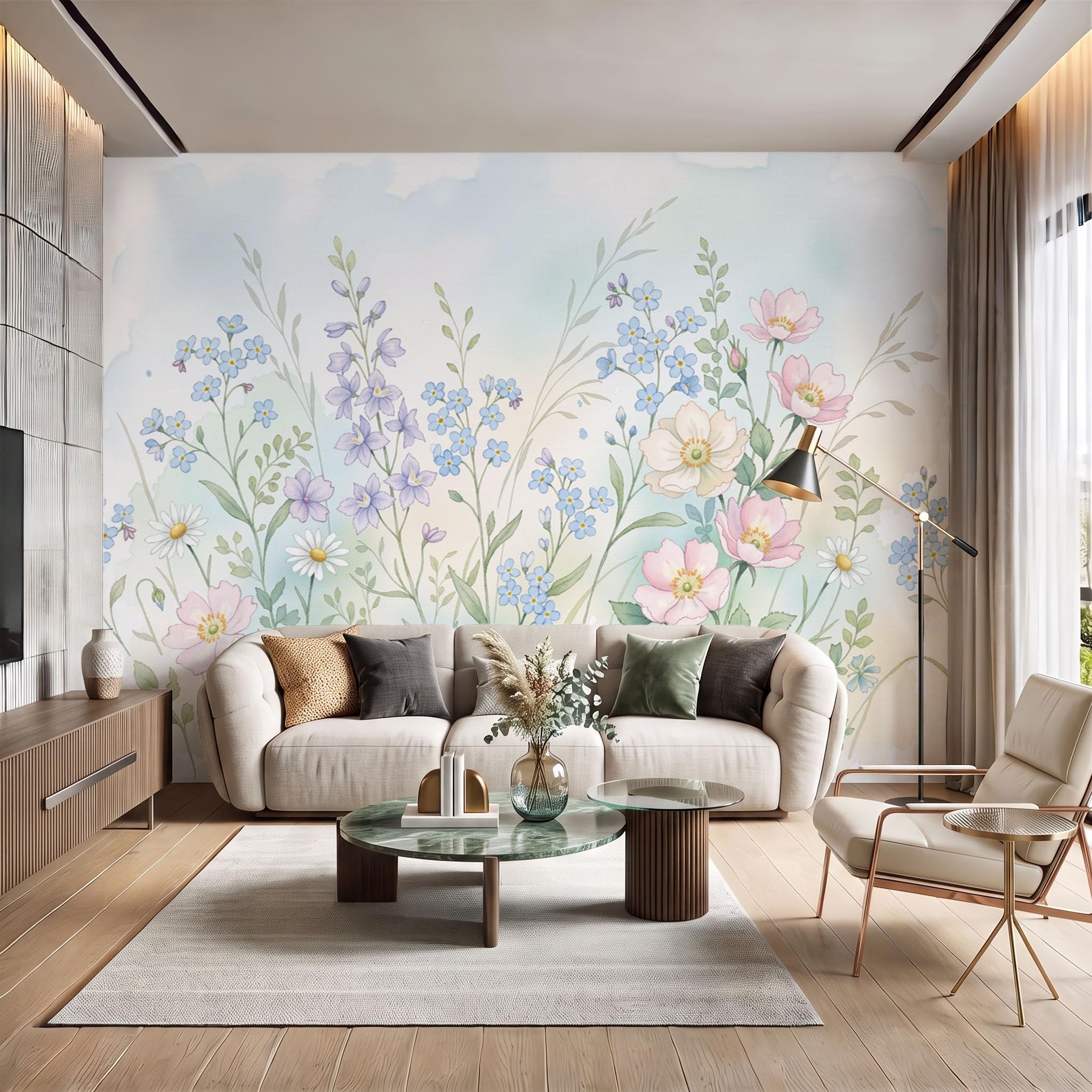 Carta Da Parati Fotografica Rosa Selvatica Fiore A Stella Blu, 350x256cm Fotomurali in Seta Fresco Ad Acquerello Decorazione da Muro Poster Gigante per Camera Da Letto e Sfondo TV Decorazione