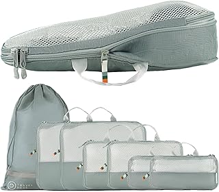 Packwürfel Set mit Kompression aus recycelten Plastikflaschen, Leichte Packing Cubes, Packtaschen Set für Rucksack und als Koffer Organizer, Zubehör (Stahlblau, 7-teiliges Set)