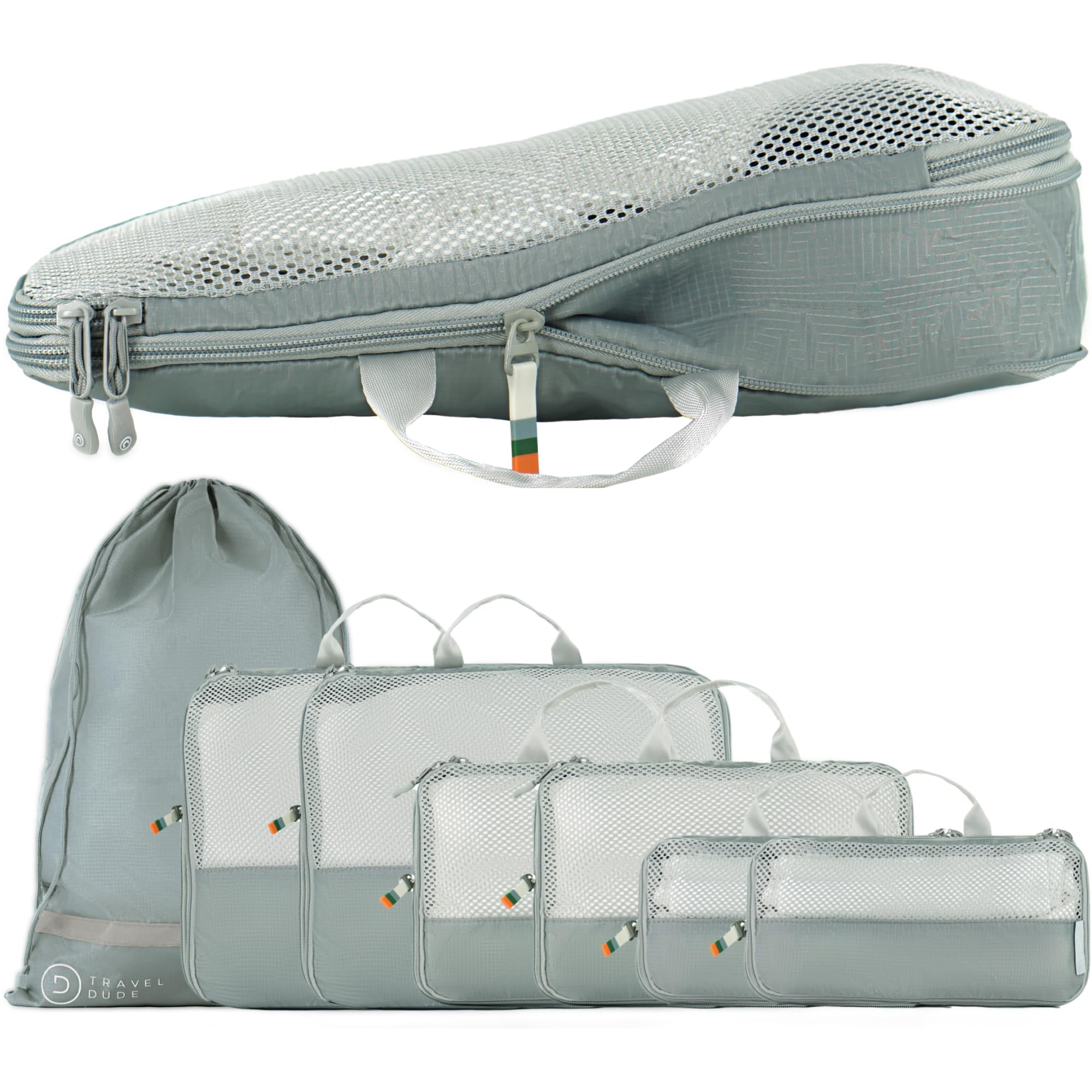 TRAVEL DUDE Packwürfel Set mit Kompression aus recycelten Plastikflaschen, Leichte Packing Cubes, Packtaschen Set für Rucksack und als Koffer Organizer, Zubehör (Stahlblau, 7-teiliges Set)