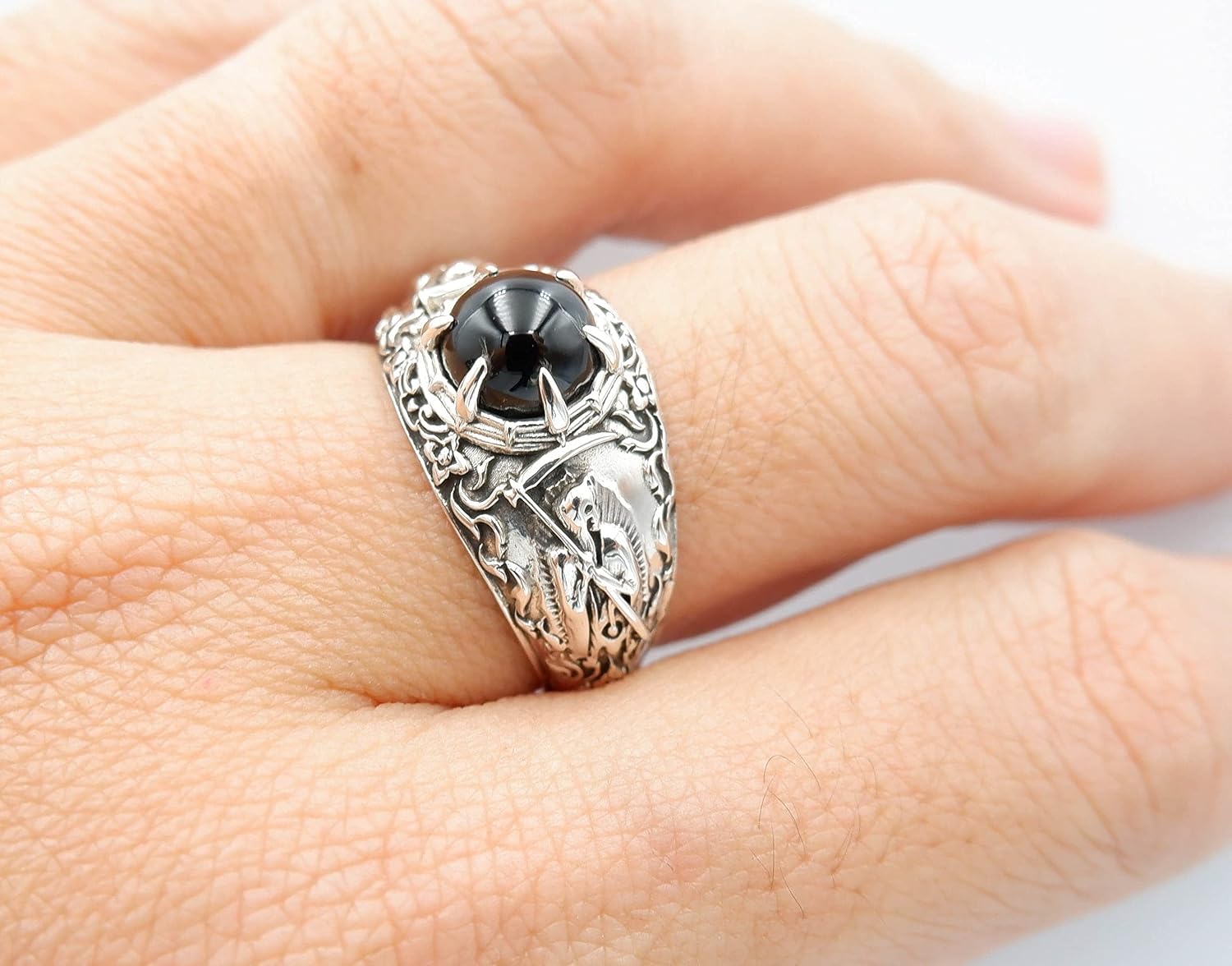 925 Sterling Silver Onyx Ladies Santa Muerte Ring Size 6-15