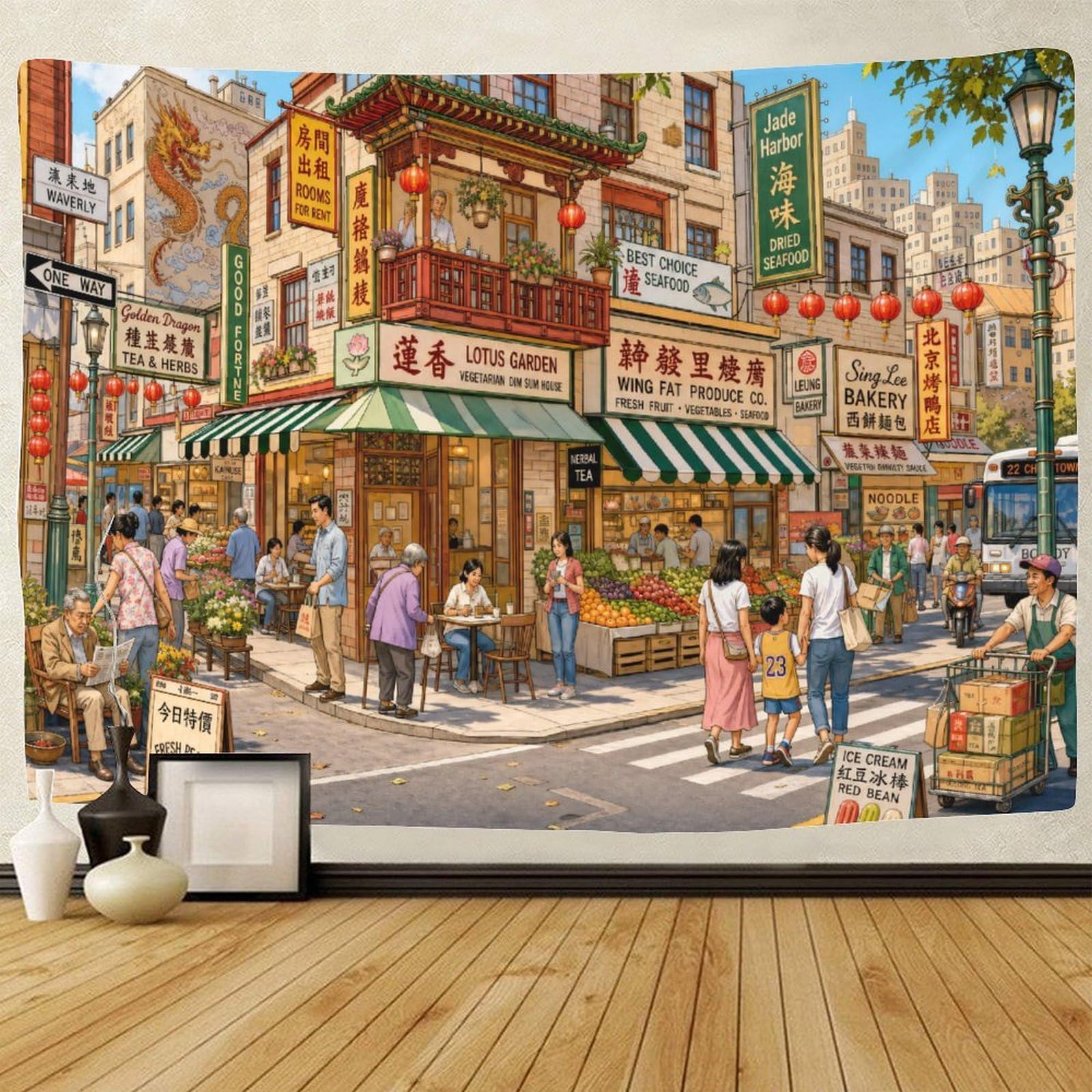 ASDFGHJKLZA Vintage Chinatown Street Wall Art Decor 3D Print Wall Tapestry Tapestries Poster Curtain Bedroom College Dorm 150cmx200cm