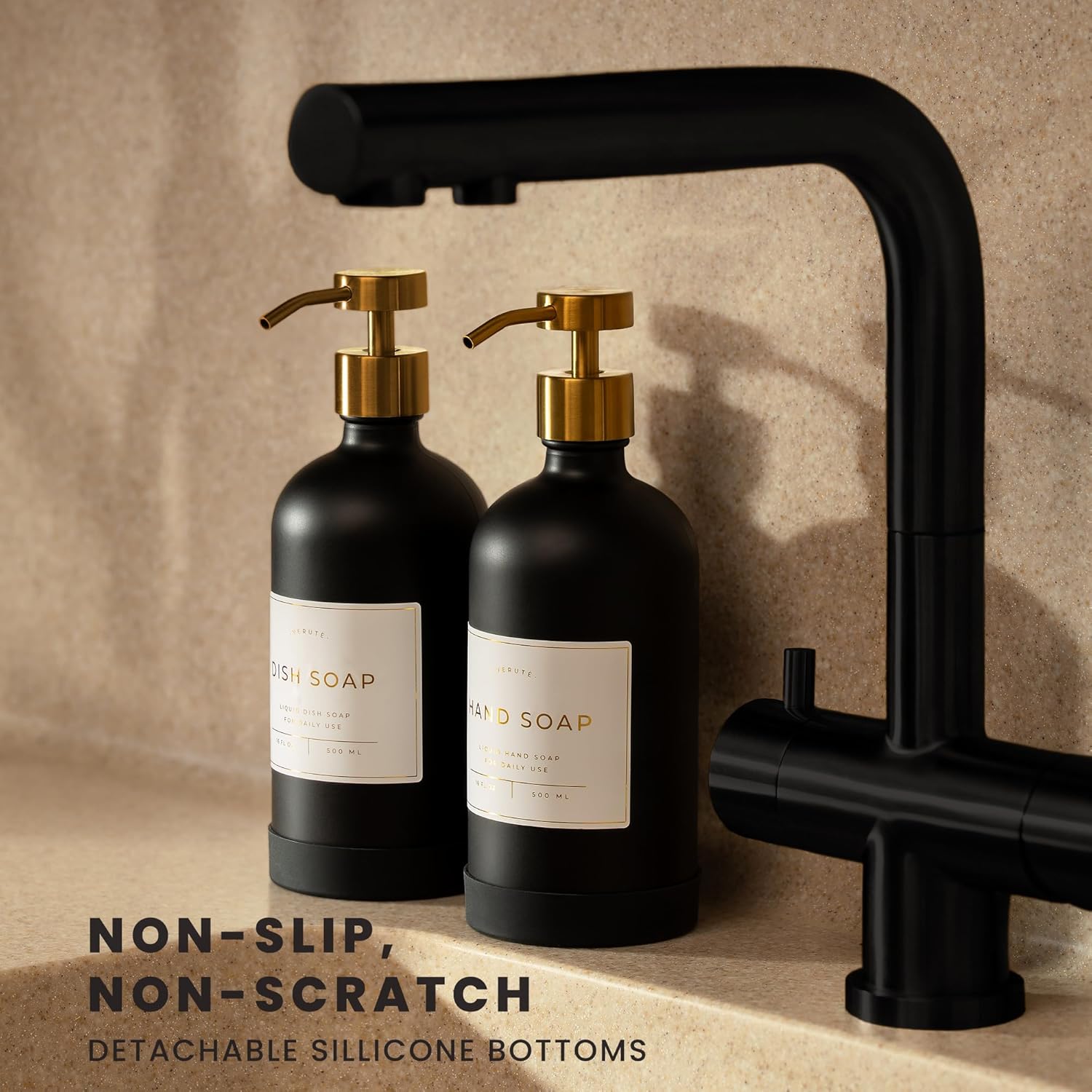 Hand and Dish Soap Dispenser for Kitchen and Bathroom, Set of 2 16 Oz Glass Bottles, Stainless Steel Pumps, Non-Slip Silicone Base, 27 Waterproof Labels (Matte Black Bottle/Brushed Gold Pump) - Image 2