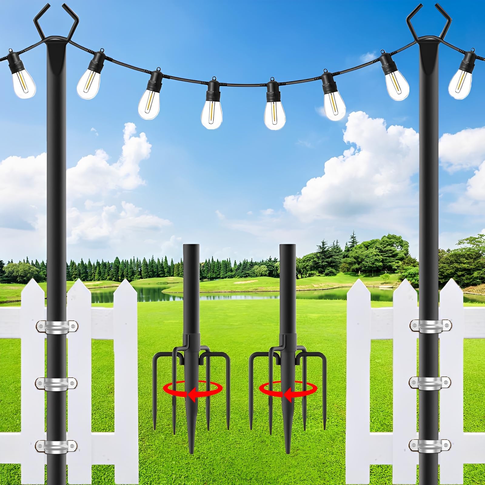 – 2 Pack 10FT String Light Poles, Heavy Duty Metal Poles with Fork for Outdoor String Lights, Patio Lighting Stand for Outside Deck Garden Wedding Backyard Christmas Party