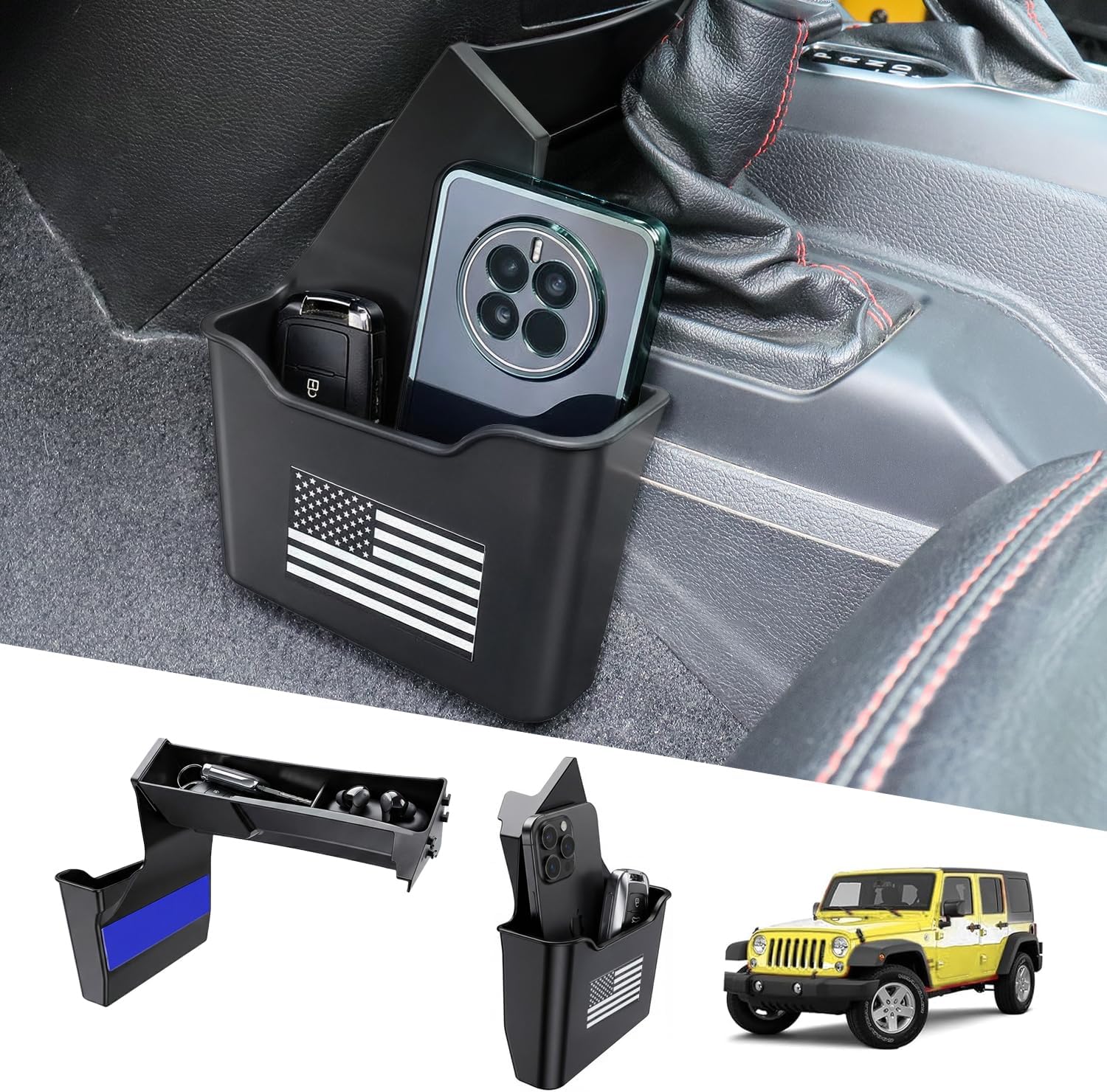 Upgrade Gear Shift Center Console Organizer for Gladiator JT 2020-2026 & Jeep Wrangler JL JLU 4XE 2026 (For 2025 2024 2023 2022-2018 Rubicon Sahara 4xe Gear Shift Storage Box, FLAG)