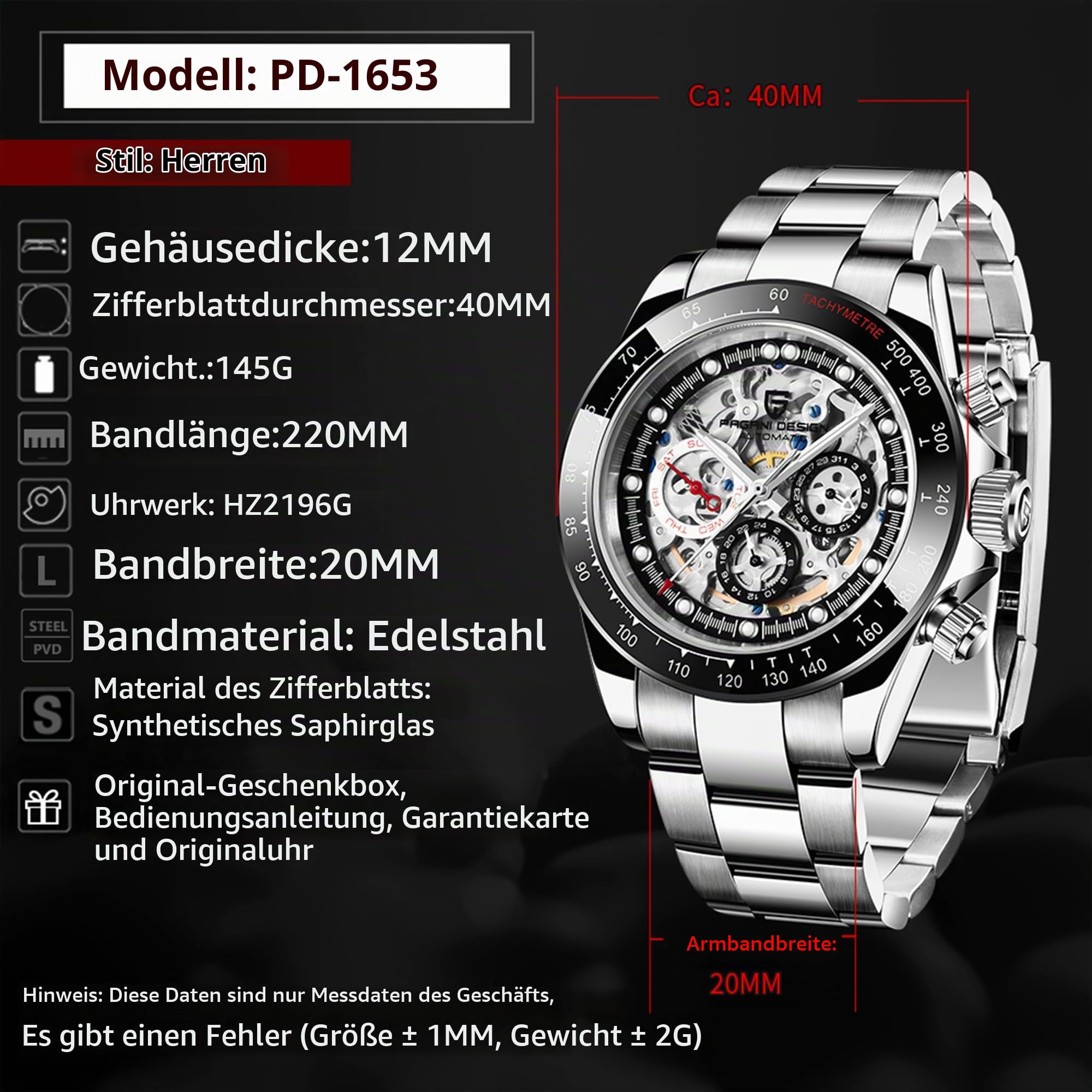Pagani Design PD 1653 Montre Automatique Pour Homme Design Hollow Out Design mécanique étanche Cadran 40 mm Cristal Saphir PD 1653 Cadeau Pour Homme