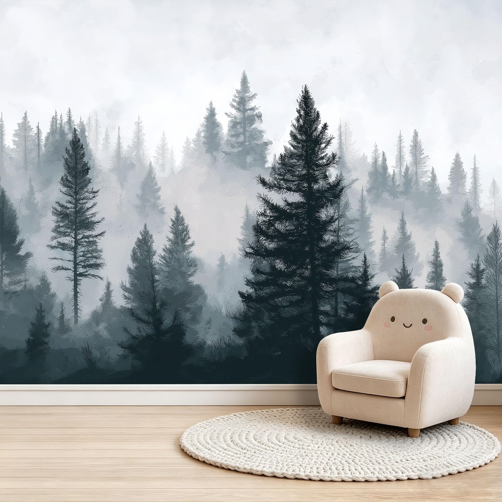 Papier Peint Panoramique Paysages Naturels Poster Mural, Silhouette De Forêt De Pins Papier Peint Intissé Décoration pour Salon Chambre Restaurant Enfants, 250 x 175 cm Gris Clair Moderne Murale