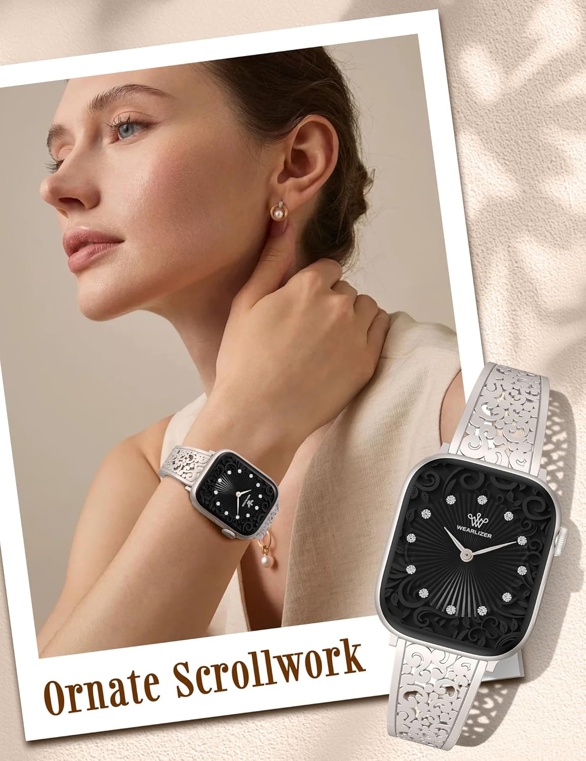 Wearlizer Compatible with Apple Watch Bands for Women 41/40/38/44/45/46/49/42mm, Jewelry Dressy Stainless Steel Metal Scrollwork Chain Bracelet for iWatch Band Series 11 10 9 8 7 6 5 4 SE/Ultra 3
