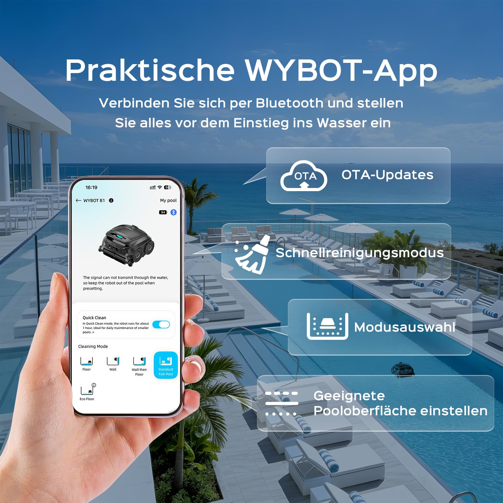 (2026 Neu) WYBOT B1 Poolroboter Akku Für Wand Und Boden, Kabelloser Poolroboter Mit 120 Min Laufzeit, App-Steuerung, Zwei Seitenbürsten, Leichter Intelligenter, Für Inground- Und Aufstellpools Schwarz
