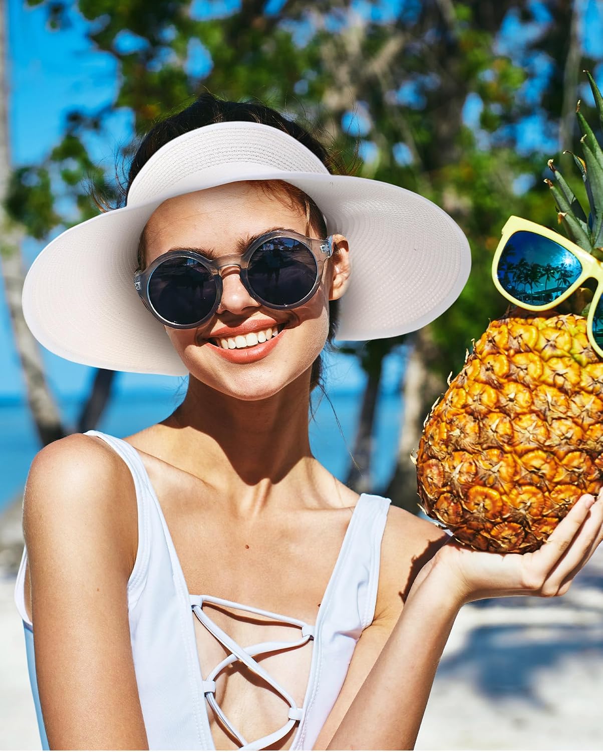 JaGely 3 Pieces Foldable Straw Sun Visors Hats Wide Brim Ponytail Summer Beach Hat Adjustable Sun Protection Hats for Women