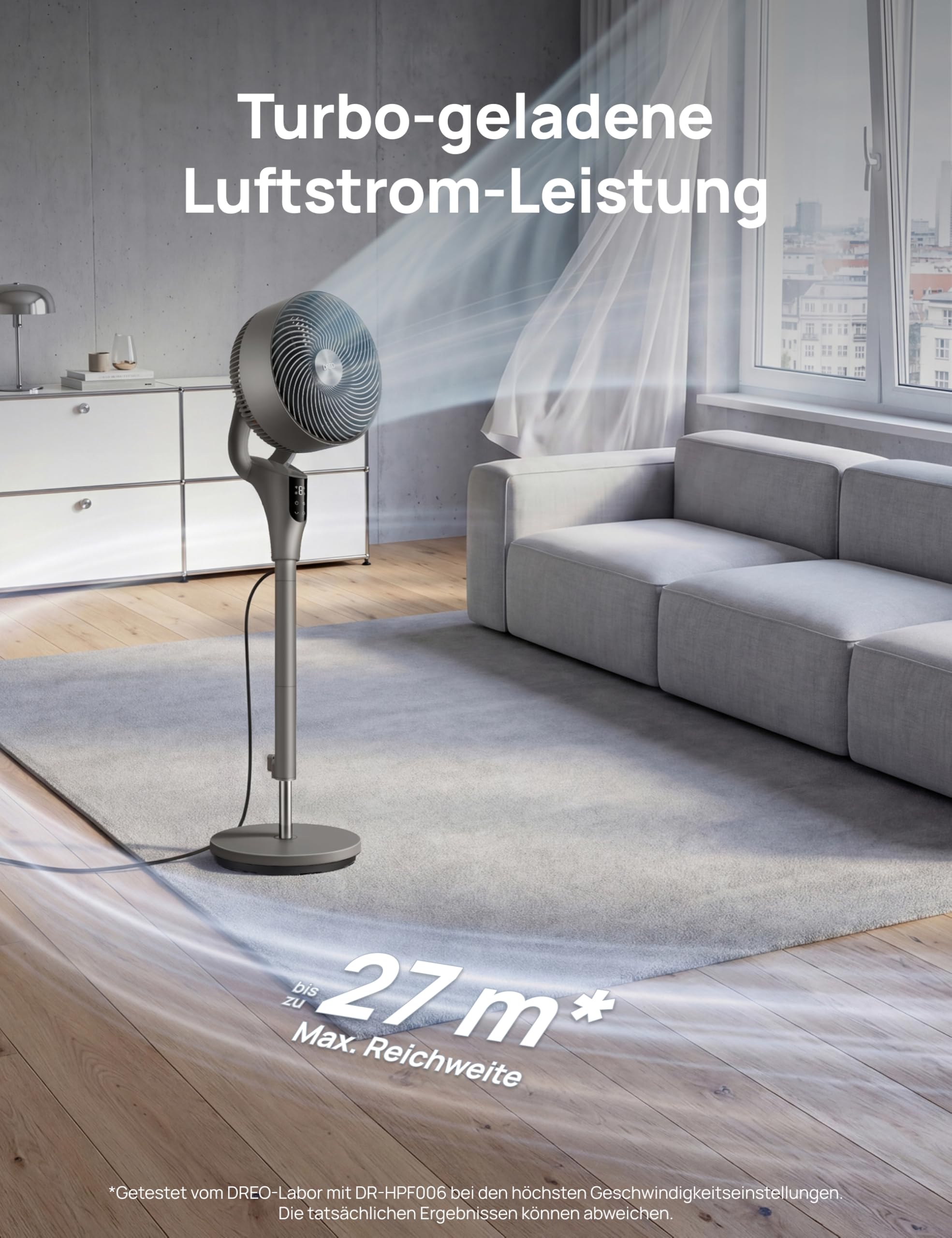 DREO Leiser Standventilator für Schlafzimmer [Verbessert], 27m Luftstrom, Leise, 90° Oszillierend, DC-Motor, 8 Geschwindigkeiten, 3 Modi, 96–106cm Höhenverstellbar, 8H Timer, 105° Manuell Neigbar