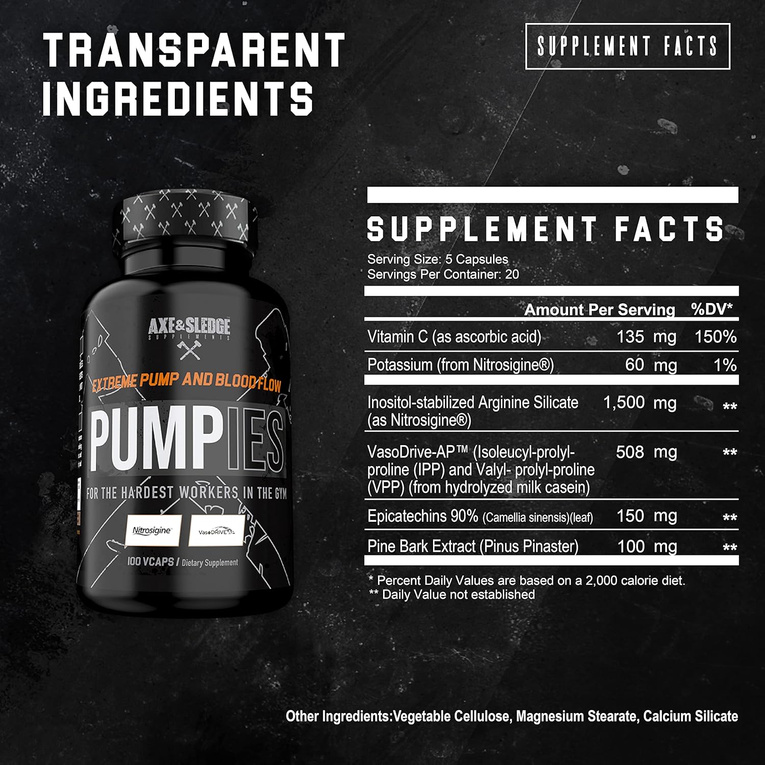 Axe & Sledge Supplements PUMPIES Nitric Oxide Booster with VasoDrive-AP and Nitrosigine, Increase Pumps, Performance, and Recovery, 20 Servings, 100 Capsules : Health & Household