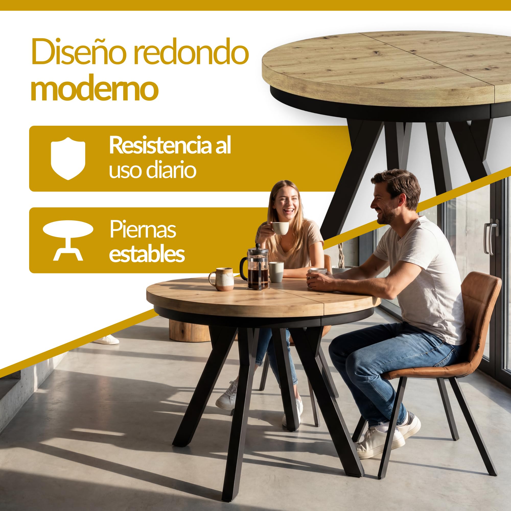 Mesa Comedor Extensible Redonda EVO, 90-190 cm, Lancelot | Mesa Redonda Extensible, Tablero Laminado de 36 mm, Piernas sólidas, Patas Blancas