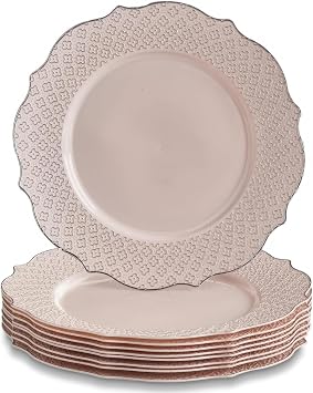 SILVER SPOONS Fancy Disposable Salad Plates 10 PC Heavy Duty Plastic Plates, Rose Gold Party Supplies for Baby Showers, Birthdays, Events, Pink Plates with Silver Embossed Rim - 9"