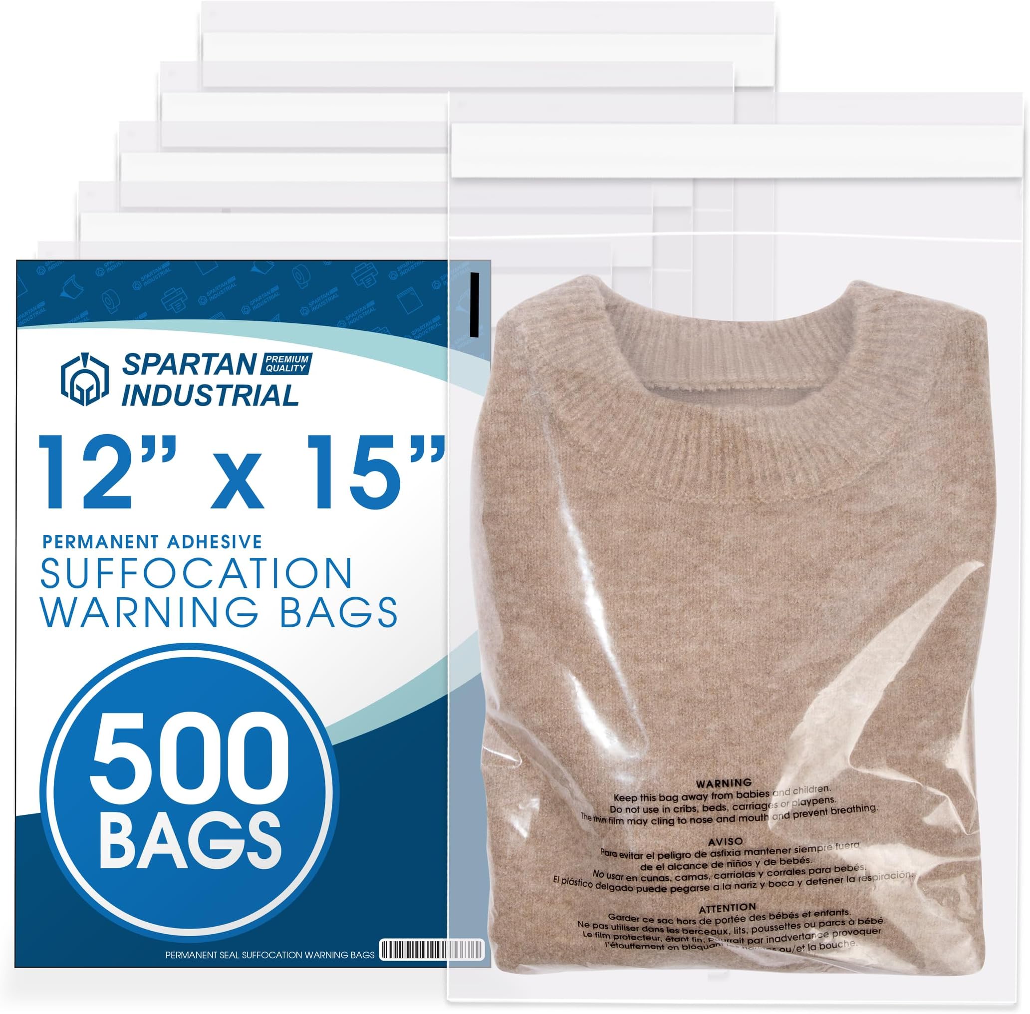 12" X 15" (500 Count) Self Seal Clear Poly Bags with Suffocation Warning for Packaging, Clothes - Permanent Adhesive