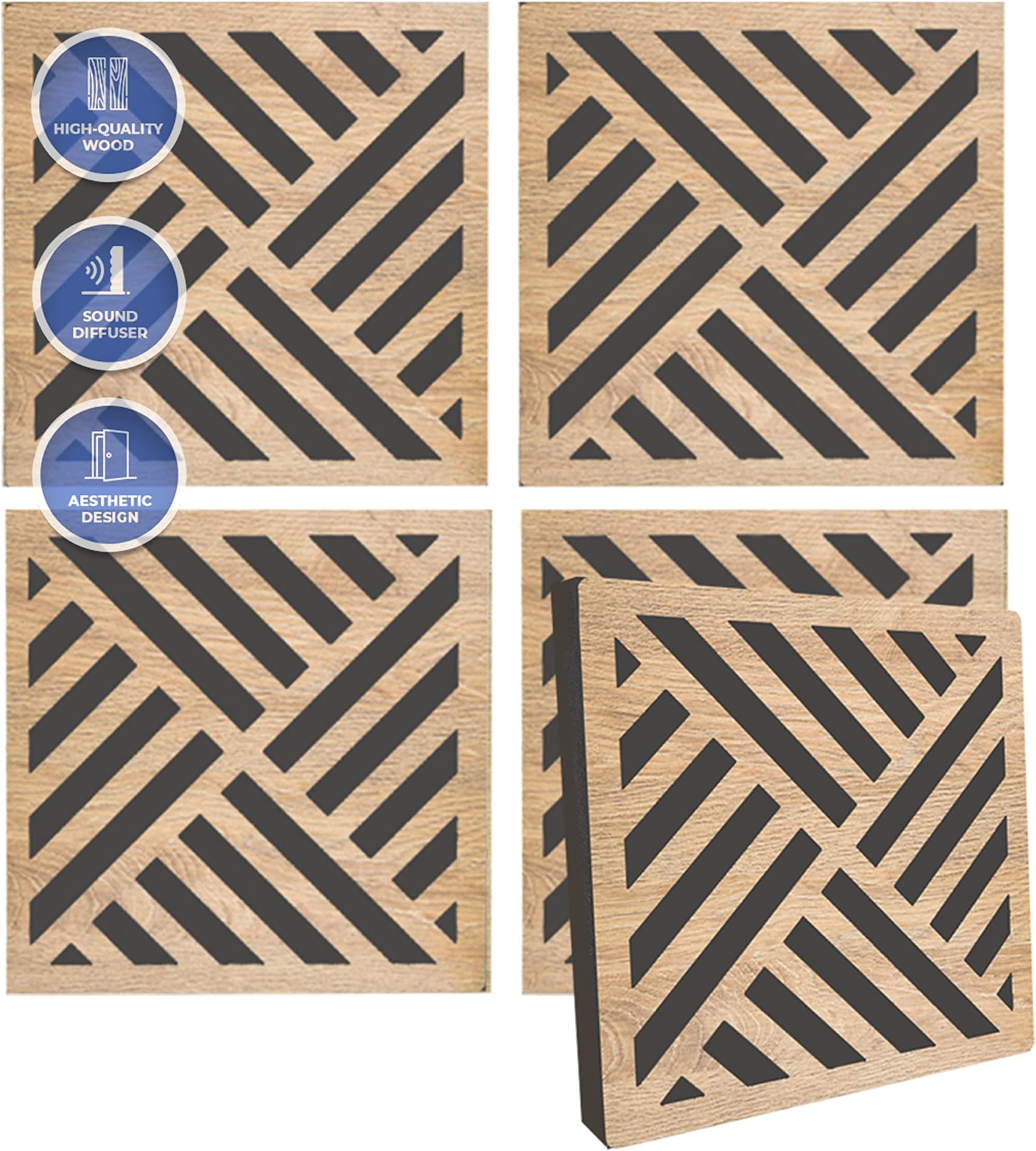 Arrowzoom 4 Diffuse PRO Acoustic Wooden Panel Absorb Sound Reduction Recording High-Density Fire Retardant Euroclass E NRC 0.64 up to 5000Hz Scattering Range Diagonal Stripes Design 29x29x1cm 1308