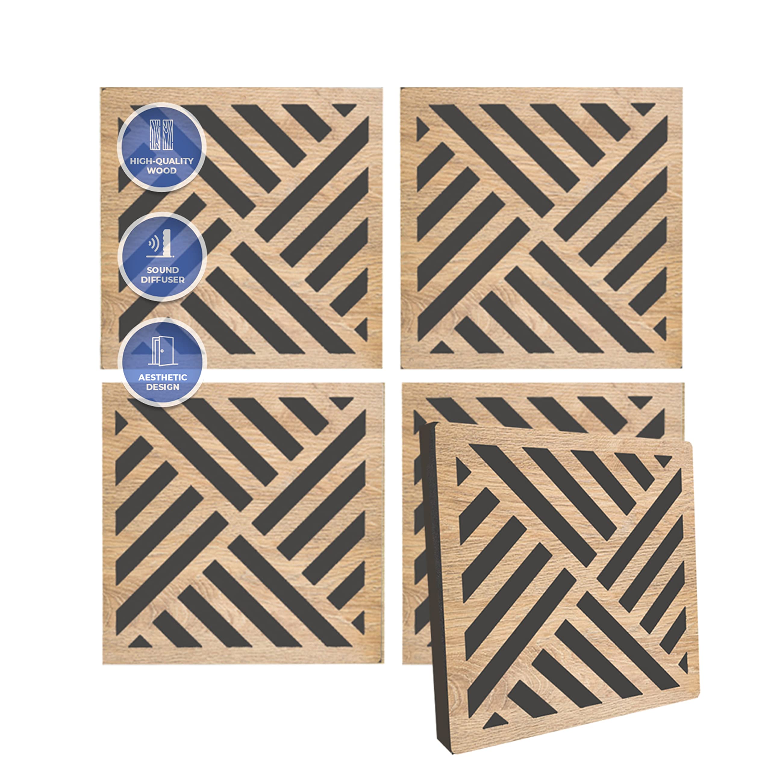 Arrowzoom 4 Diffuse PRO Acoustic Wooden Panel Absorb Sound Reduction Recording High-Density Fire Retardant Euroclass E NRC 0.64 up to 5000Hz Scattering Range Diagonal Stripes Design 29x29x1cm 1308