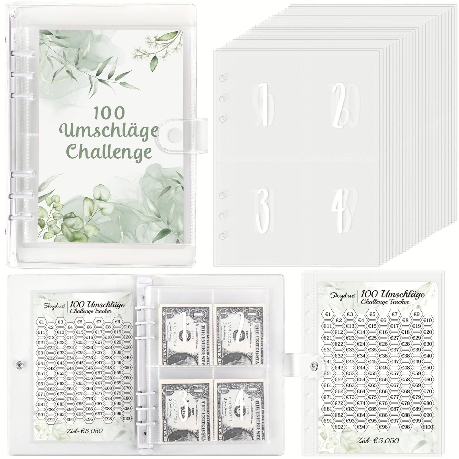 SKYDUE Segregator A5, 100 Envelope Saving Challenge Deutsch, A5 planer budżetowy z lokalizatorem wyzwań i kieszeniami wstępnymi, prosta i zabawna oszczędność pieniędzy, książka oszczędnościowa do