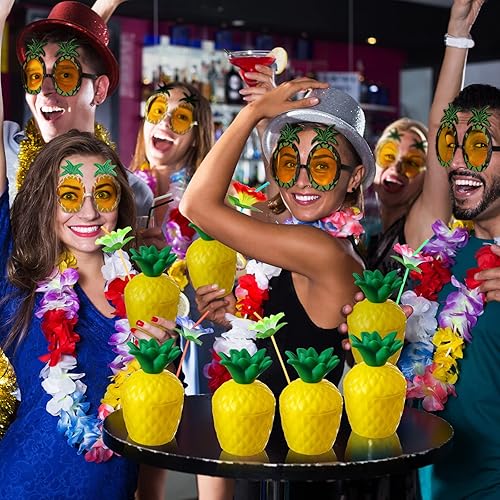 Miniatura 5 de Liliful Copas de piña, paquete de 24 vasos de piña de plástico con tapas y pajitas, 24 pares de lentes de sol de piña, hawaiano tropical, fiesta