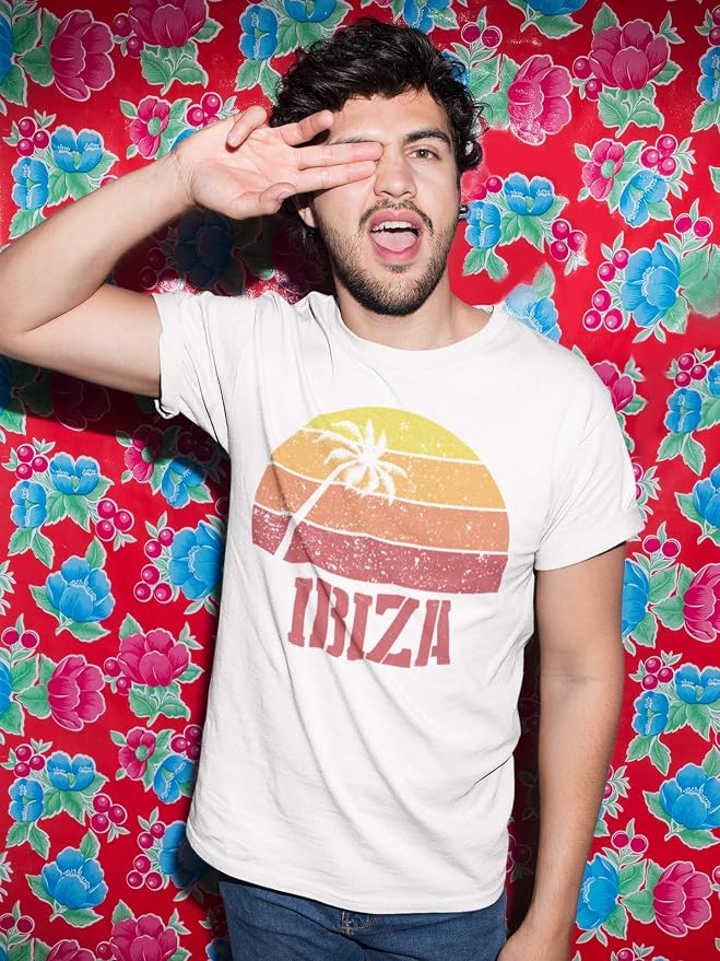 Ultrabasic Men's Vintage Ibiza Sunset Graphic T-Shirt - Palm Tree Design Short Sleeve Tee For Casual Wear