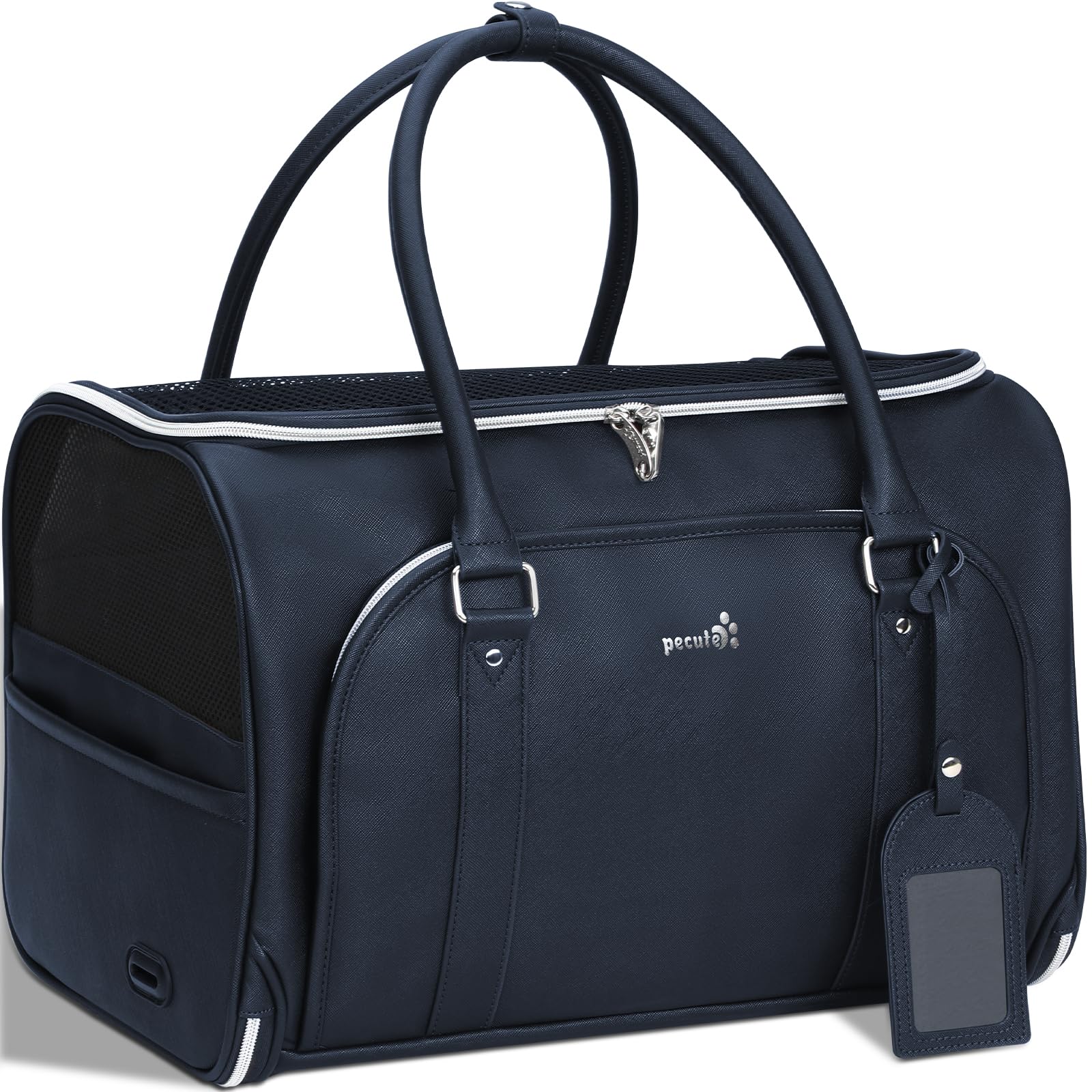 Pecute Transportin Gato de Moda, imitación de Cuero Artificial de Tela transportin Perro, Cremallera de Bloqueo, para Viajar, Utilizar el Transporte público o acudir a Citas médicas, Azul Marino