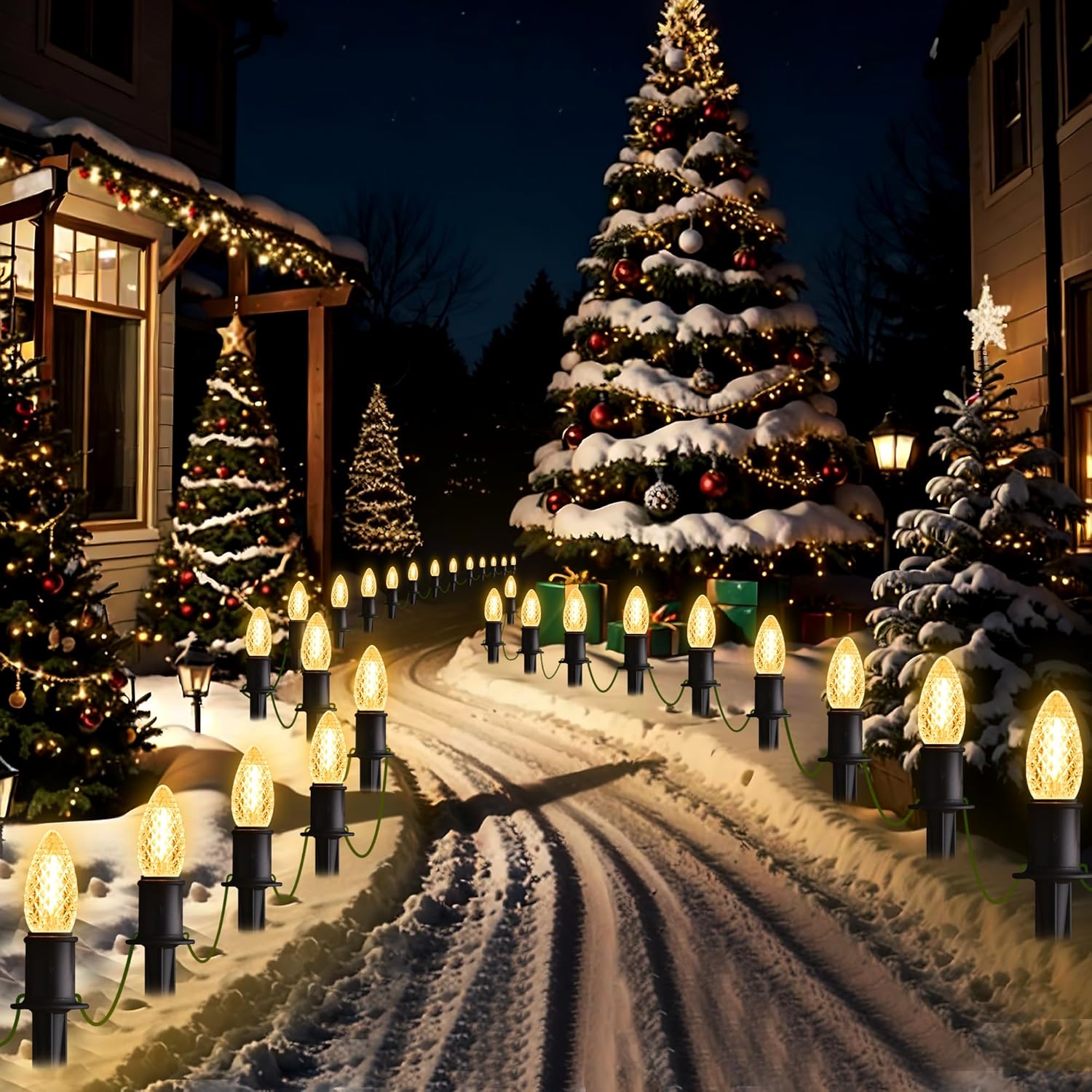 GAGALIFE 29Ft C9 Christmas Pathway Lights Outdoor - 25 LED Lights with 25 Marker Stakes for Walkway, Waterproof Plug in C9 Christmas Light Outdoor for Driveway, Yard, Lawn Decorations, Warm White