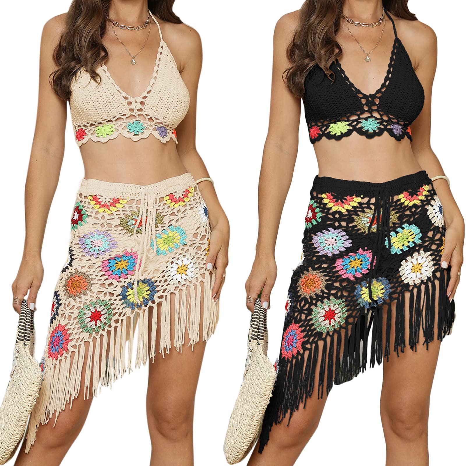 Mujeres Hecho a Mano Crochet Borla De Punto Bikini Conjunto Sin Mangas Hueco Núcleo Top Top Cintura Slips Traje De Baño