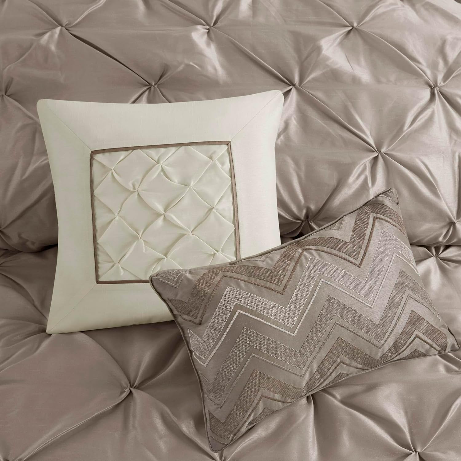 Madison Park Laurel Cozy Comforter Set - Traditional Tufted Faux Silk Design, All Season Down Alternative Bedding with Matching Shams, Decorative Pillow, Taupe Queen(90"x90") 7 Piece