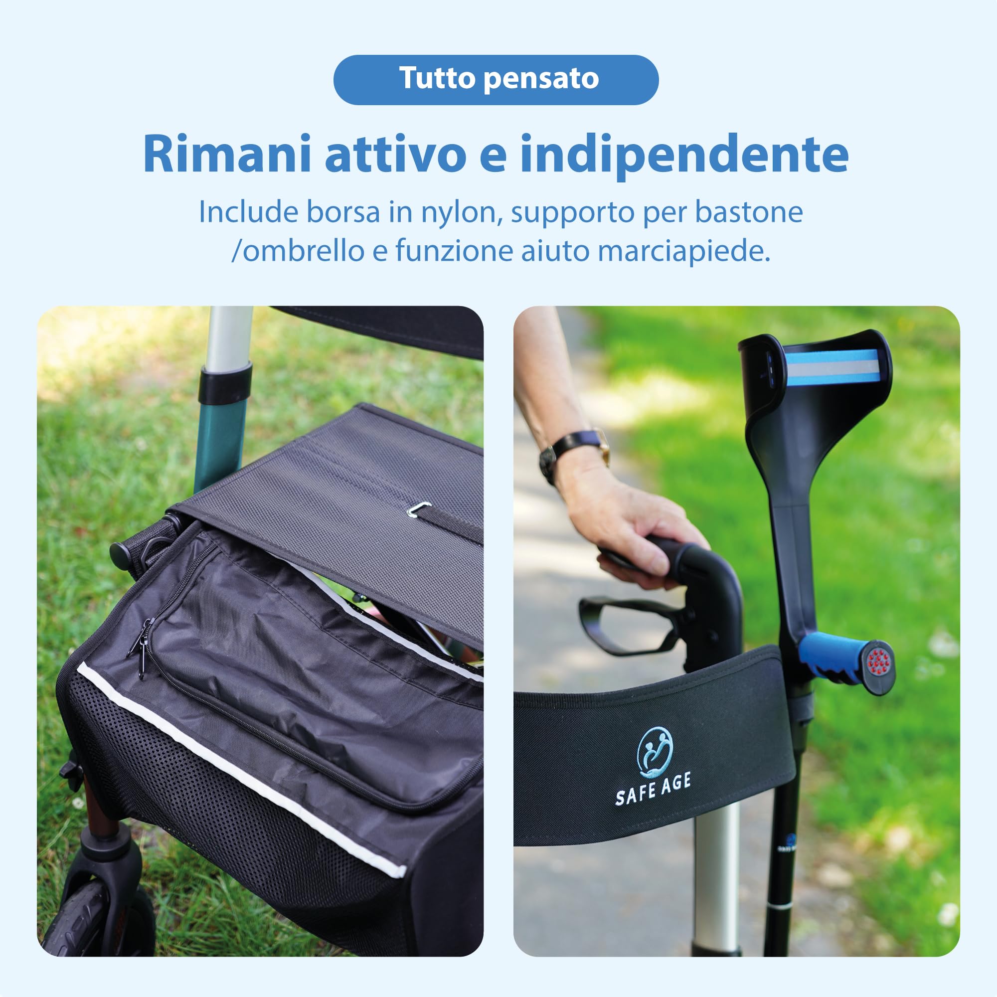 Safe Age Deambulatore con Seduta Ultraleggero - Girello Pieghevole per Anziani per Uso Interno ed Esterno con 4 Ruote, Schienale e Porta Bastone