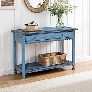Country Cottage Console Table with Drawer and Shelf – 42-Inch Solid Pine and Acacia Wood Rustic Farmhouse Entryway Table for Hallway, Living Room or TV Stand by Alaterre Furniture (Antique Blue)