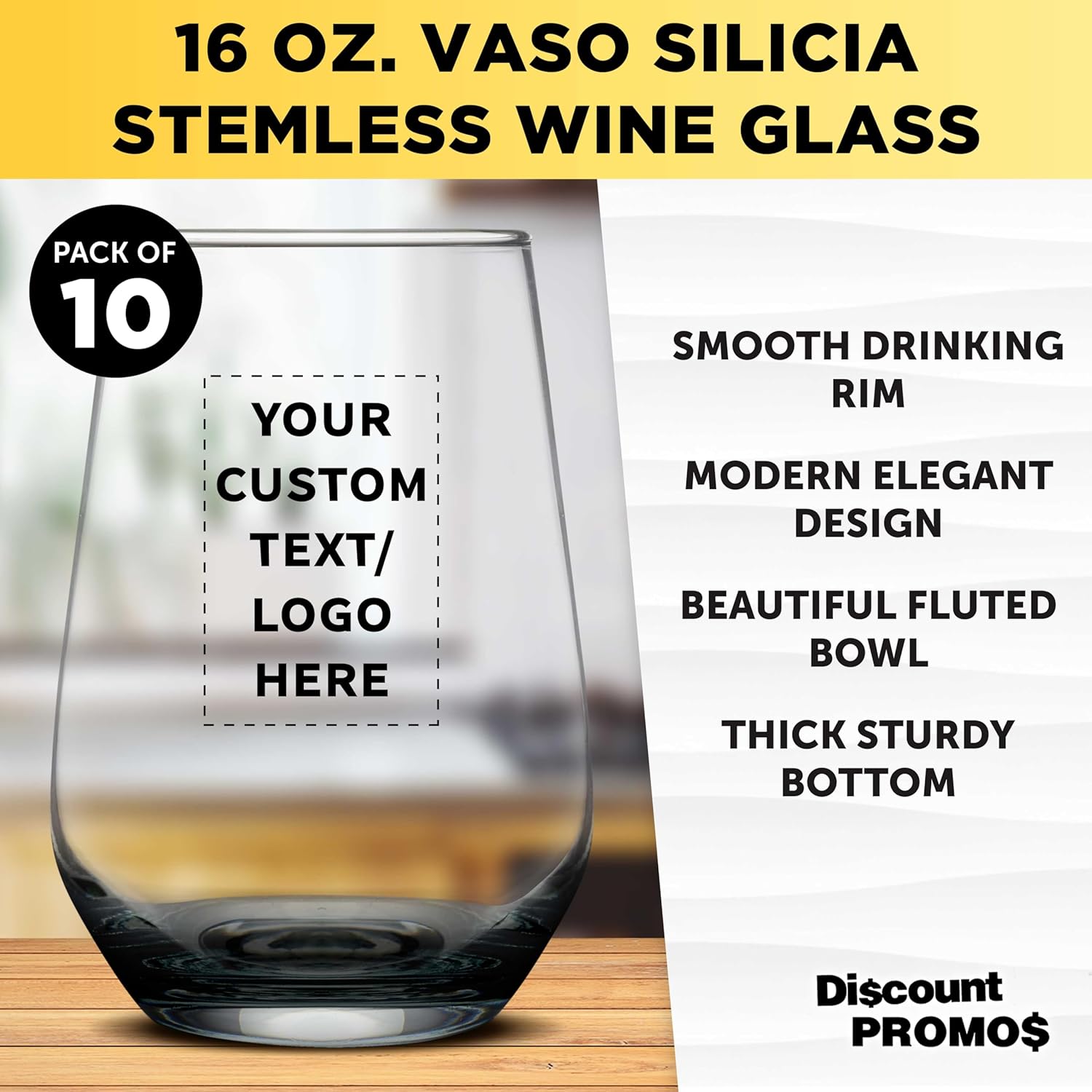 DISCOUNT PROMOS 10 Vaso Silicia Stemless Wine Glasses Set, 16 oz. - Personalized Text, Logo - Clear, Orb-Like, Thick base - Black