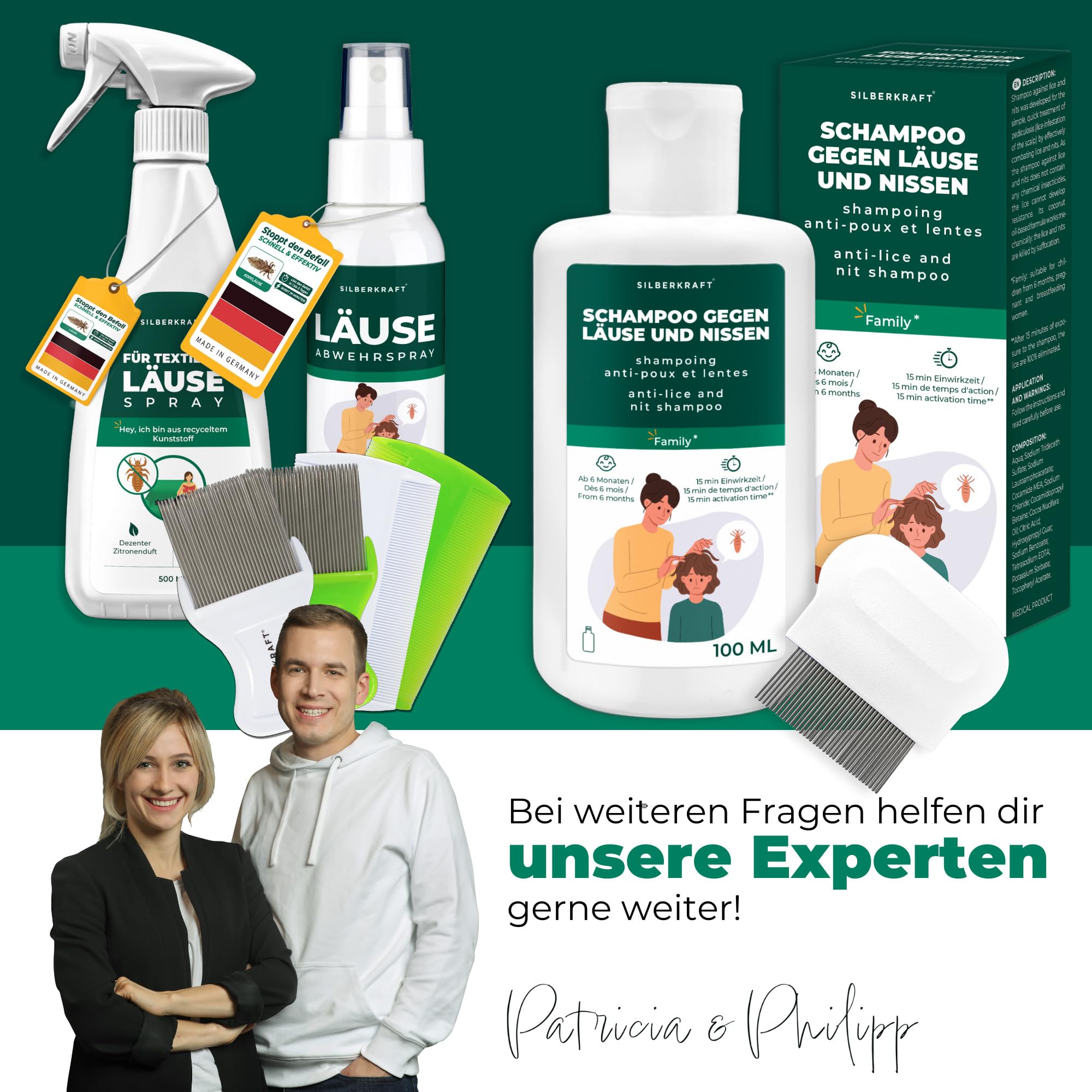 Silberkraft Shampoo gegen Läuse und Nissen Family, Medizinprodukt ab 6 Monate, mit Nissenkamm, 15 Min Einwirkzeit, für Kinder & Erwachsene, 100 ml