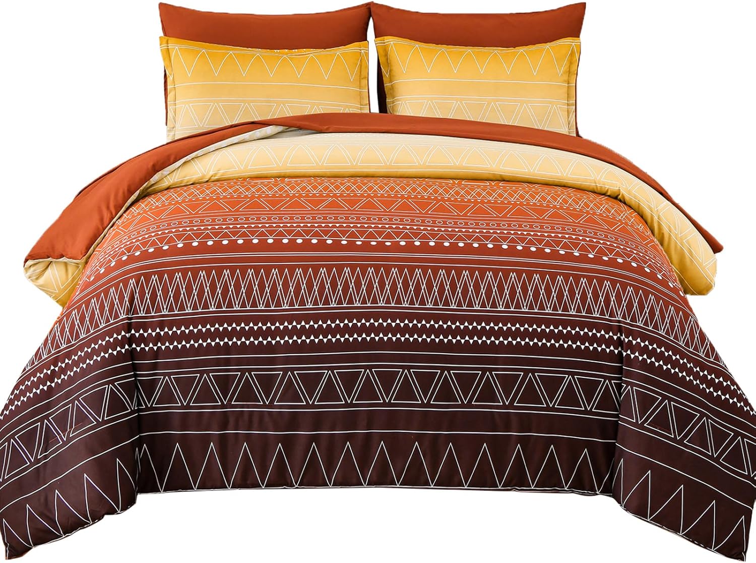 WONGS BEDDING Boho Comforter Set King,Gradient Stripe Bed in a Bag Bedding Set for All Seasons,Burnt Orange 7 Piece Geometric Reversible Lightweight Comforter with Sheets, Pillowcases & Shams