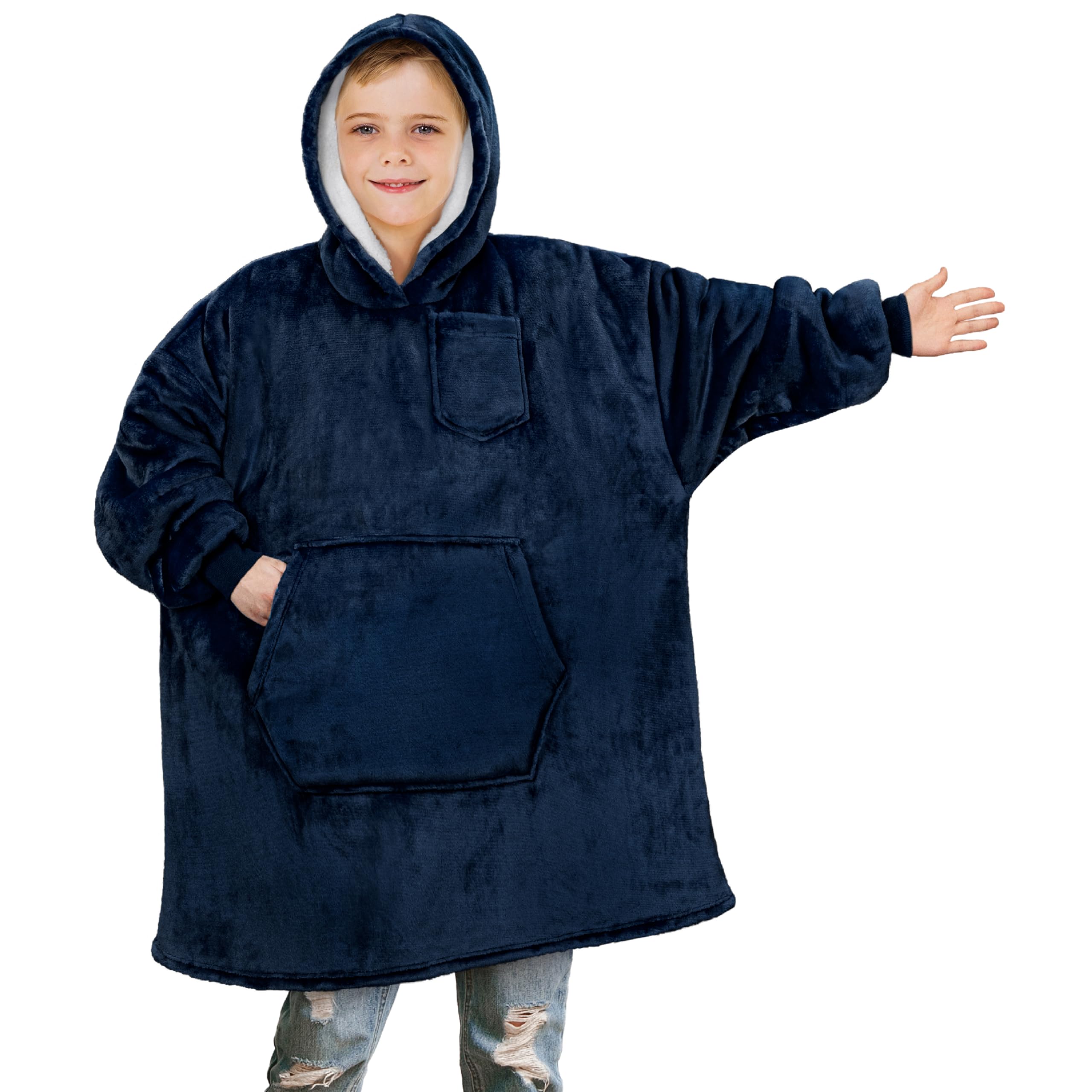 PAVILIA Wearable Blanket Sweatshirt Kids Boy Girl, Warm Cozy Giant Hoodie, Fleece Sherpa Oversized Hood Sleeves, Big Pocket