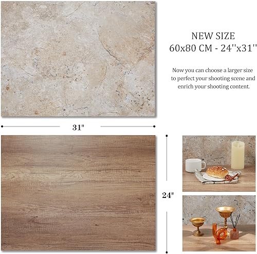 Miniatura 4 de BEIYANG 2 tableros de 4 patrones para fondo de fotos para posición plana, fondo de fotografía de alimentos de 24 x 32 pulgadas (madera+piedra)