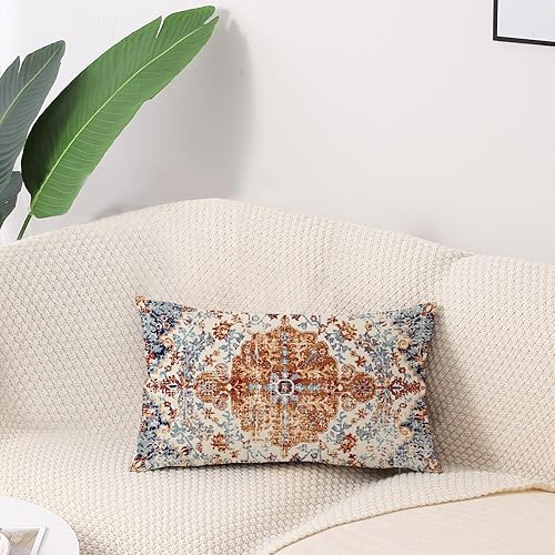 Miniatura 2 de Juego de 2 fundas de almohada impermeables para exteriores de 12 x 20 pulgadas, diseño étnico marrón y azul, para sofá, jardín, balcón