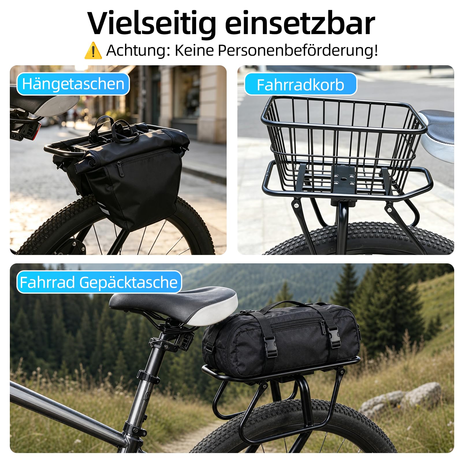Mountainbike Gepäckträger 50kg Belastbar, Fahrrad Gepäckträger Hinten 32-42cm für 20-29 Zoll Fahrräder, Aluminium Verstellbarer Gepäckträger mit Schutzpolstern für MTB E-Bike