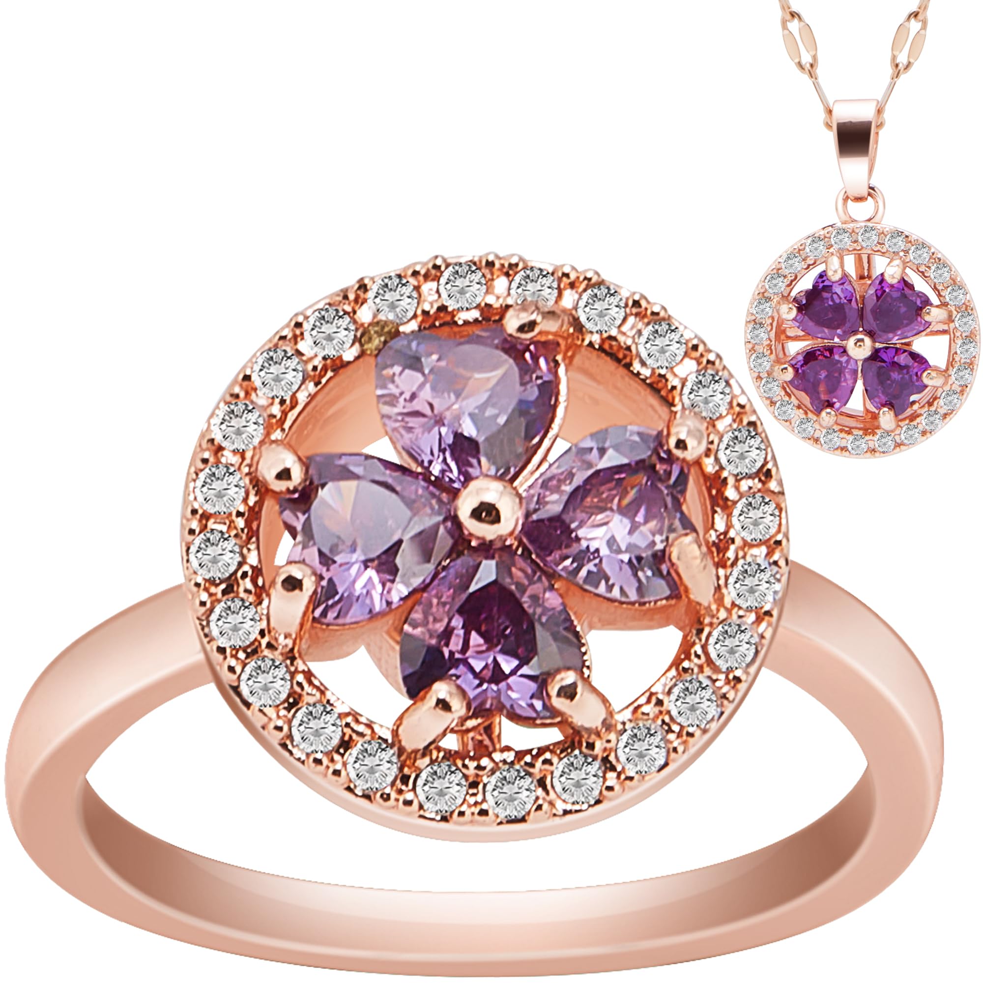 CHEERELAX Fidget Necklace for Women, Four-Leaf Clover Fidgets Spinner Rings for Anxiety Women, Stainless Steel Anti-Stress Jewelry Gift Set, Purple