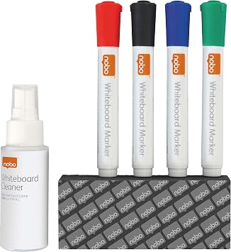 Nobo Dry Erase Whiteboard Accessory Starter Kit, Cleaning & Care Set, Includes 4 Marker Pens, Board Eraser & Cleaning Spray, 1903798