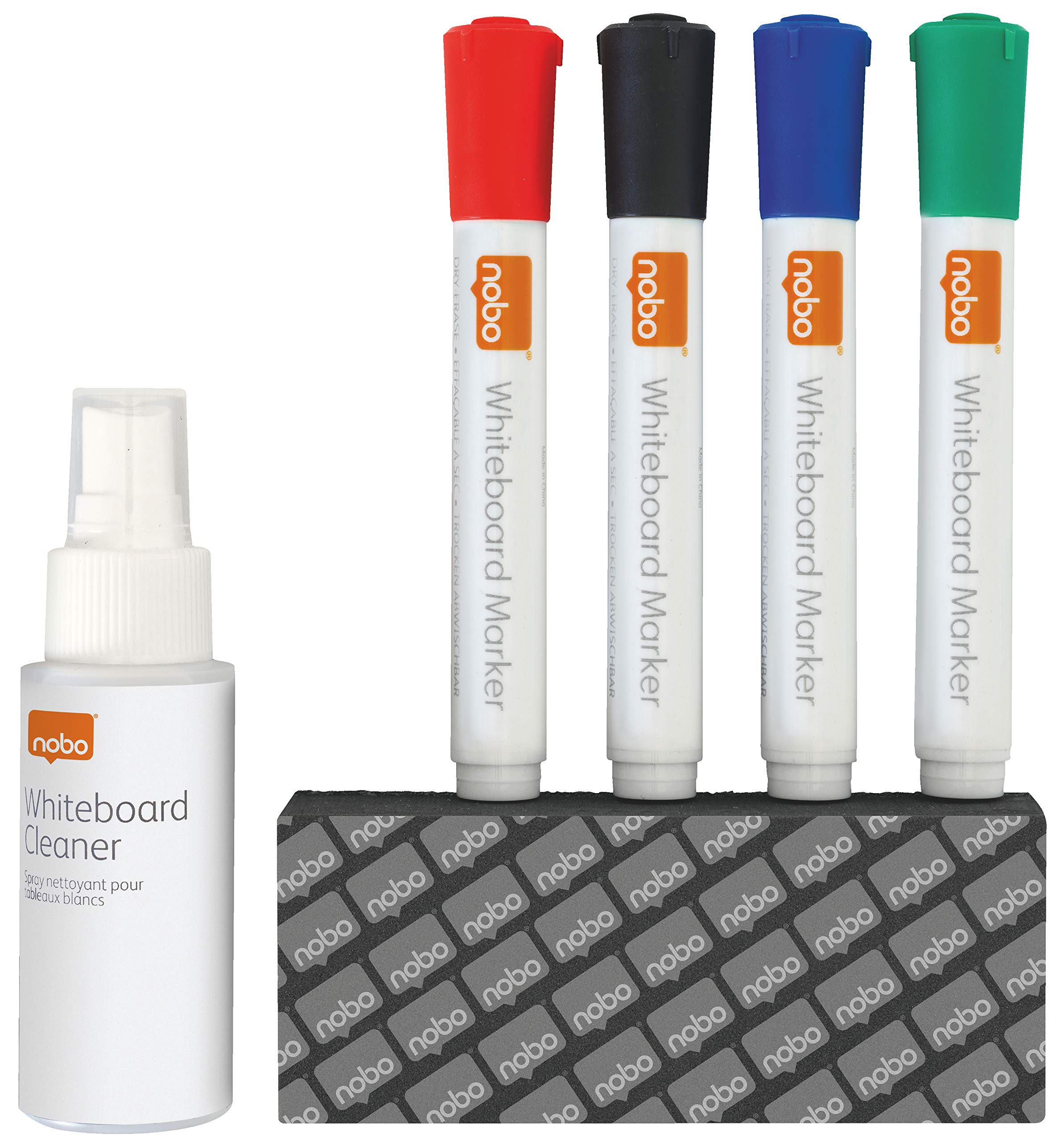 Nobo 1903798 - Kit Básico de Accesorios para Pizarra Blanca de Borrado en Seco, Incluye 4 Rotuladores de Colores, Borrador y Spray Limpiador de 50 ml, Rotuladores de Bajo Olor, para Oficina y Hogar