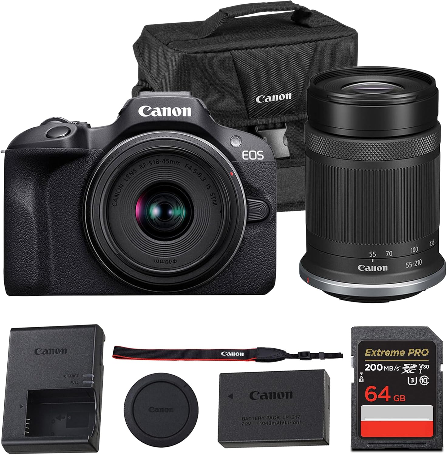 Canon EOS R100 Mirrorless Camera Kit – APS-C RF Camera with 18-45mm &amp; 55-210mm Lenses, 24MP Sensor, 4K Video &amp; Dual Pixel AF (6052C022) + Canon Shoulder Bag + 64GB Memory Card