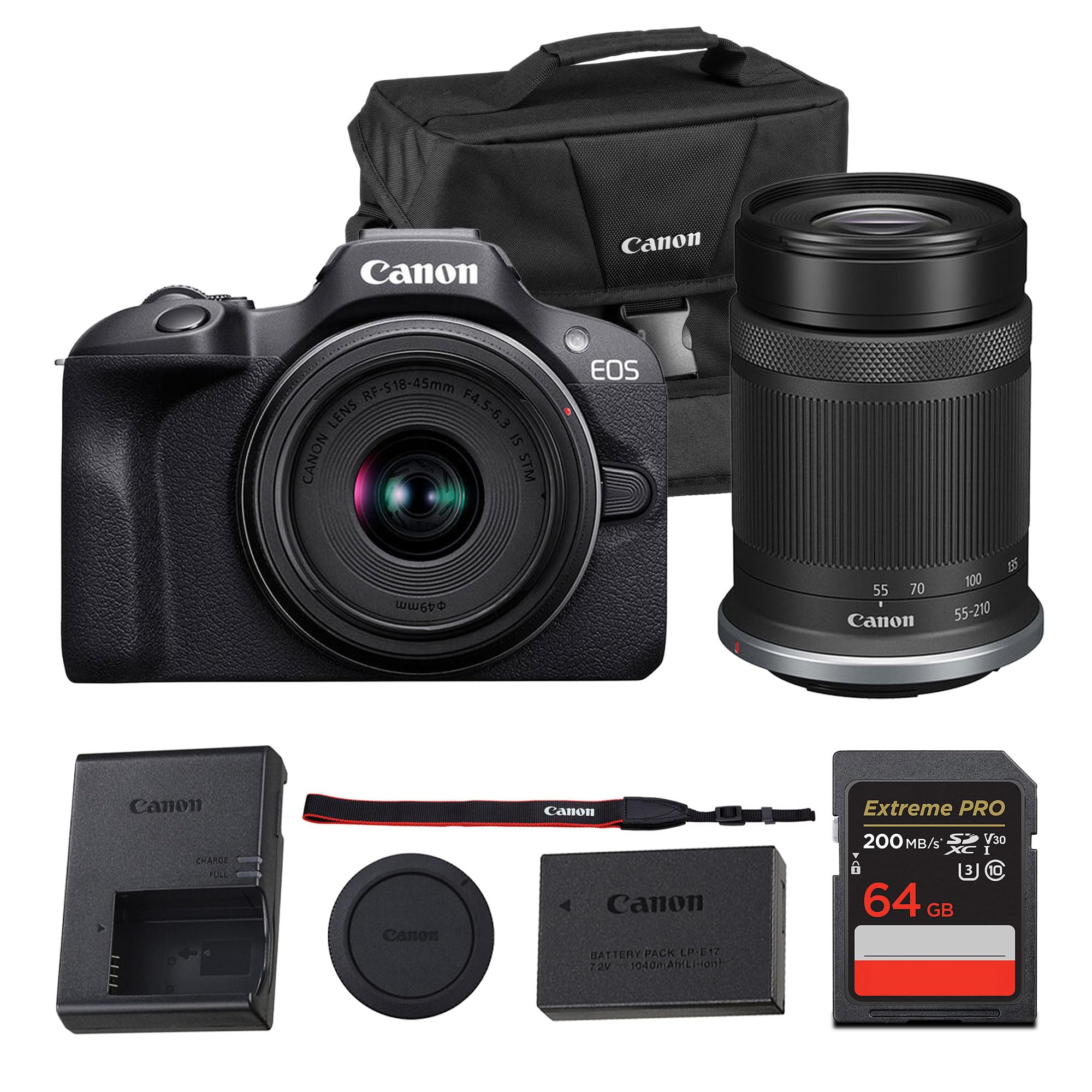 Canon EOS R100 Mirrorless Camera Kit – APS-C RF Camera with 18-45mm & 55-210mm Lenses, 24MP Sensor, 4K Video & Dual Pixel AF (6052C022) + Canon Shoulder Bag + 64GB Memory Card
