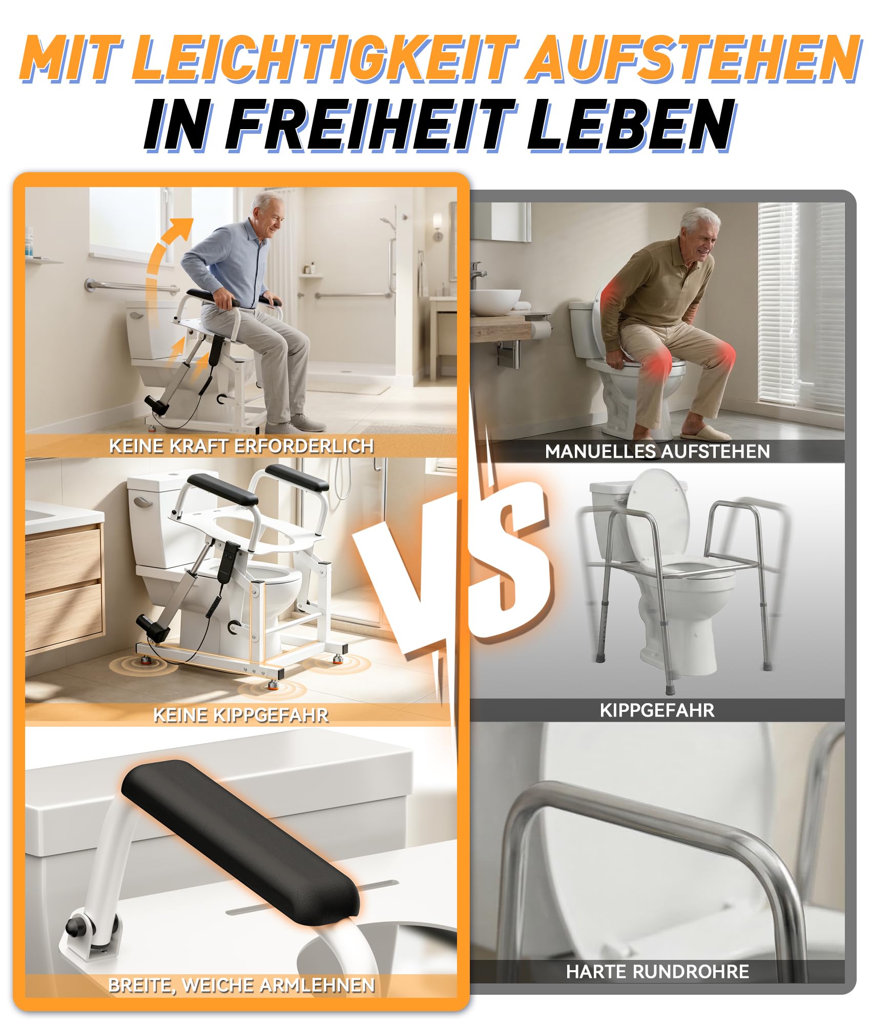 Rialzo per WC elettrico con supporto per alzarsi fino a 205 kg, regolabile in altezza di 22 cm, braccioli antiscivolo, per anziani e persone con disabilità, adatto per WC rotondi e ovali