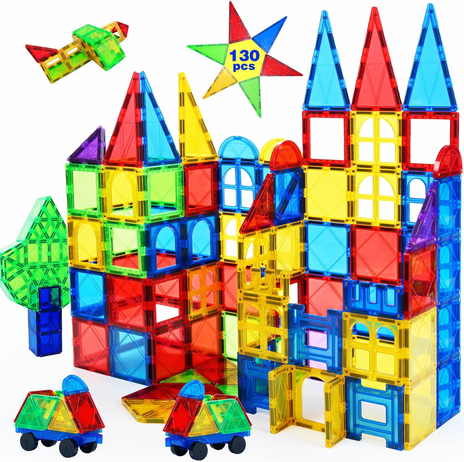 Magnetic Tiles Building Blocks 130 Pcs Magnet Tiles for Kids Ages 4-8 Magnetic Toys for Boys and Girls Ages 8-10