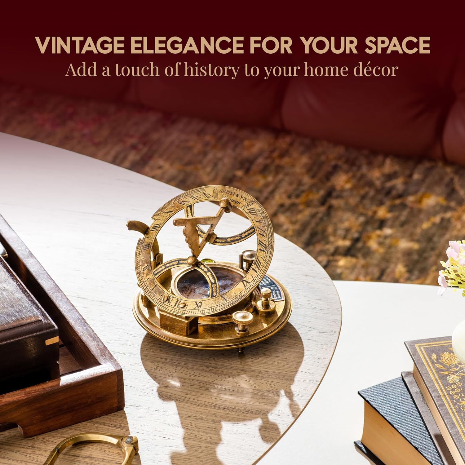 5 inch Large Sundial Compass with Wooden Rosewood Box, Perfectly Calibrated Steampunk Antique Brass Sundial Clock with Chart for Guidance, Ideal Nautical & Vintage Gift for Men - Image 6