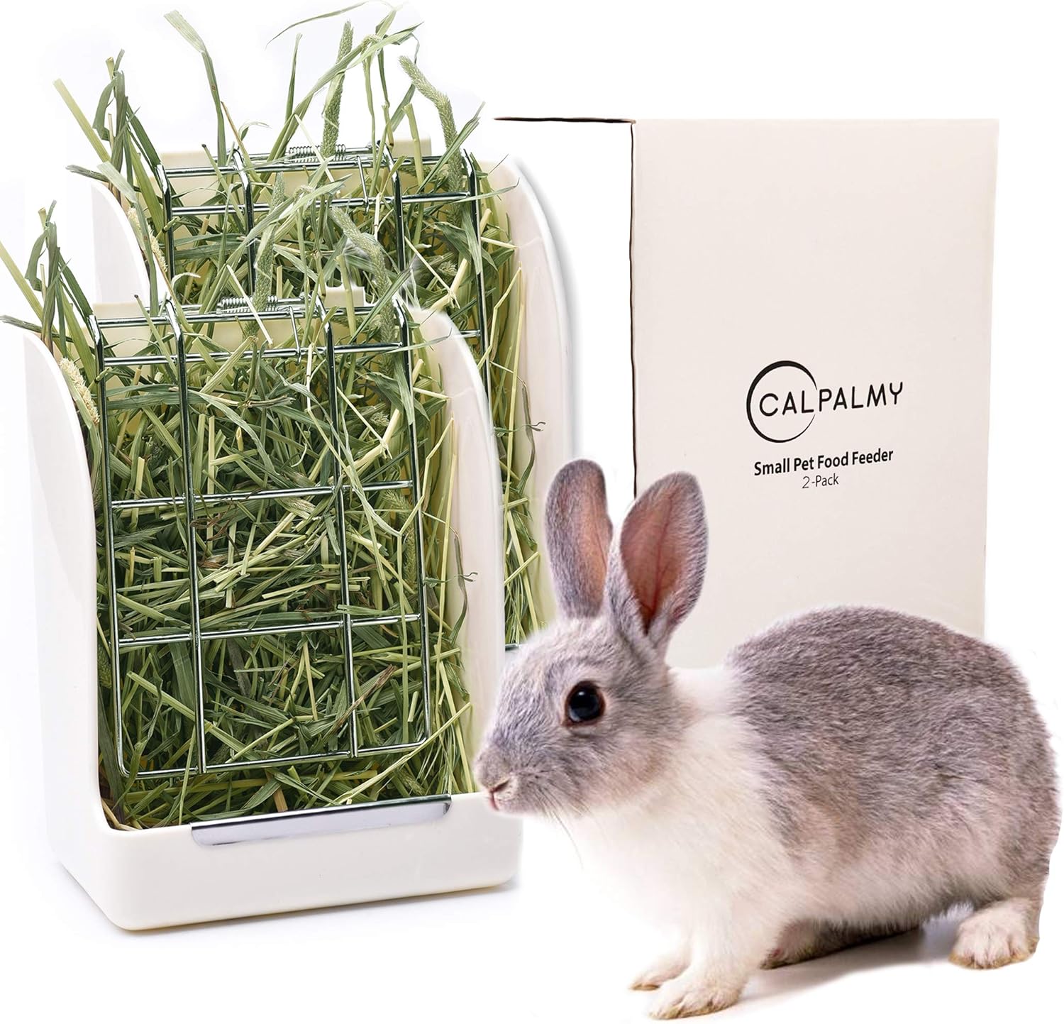 CalPalmy 2-Pack Hay Feeder for Rabbits, Guinea Pigs, and Chinchillas - Minimize Waste and Mess with 5 1/2" x 3 1/2" x 7 3/8" Hanging Alfalfa and Timothy Hay Dispenser 5 1/2" x 3" x 7 3/8" (2-Pack) White+White