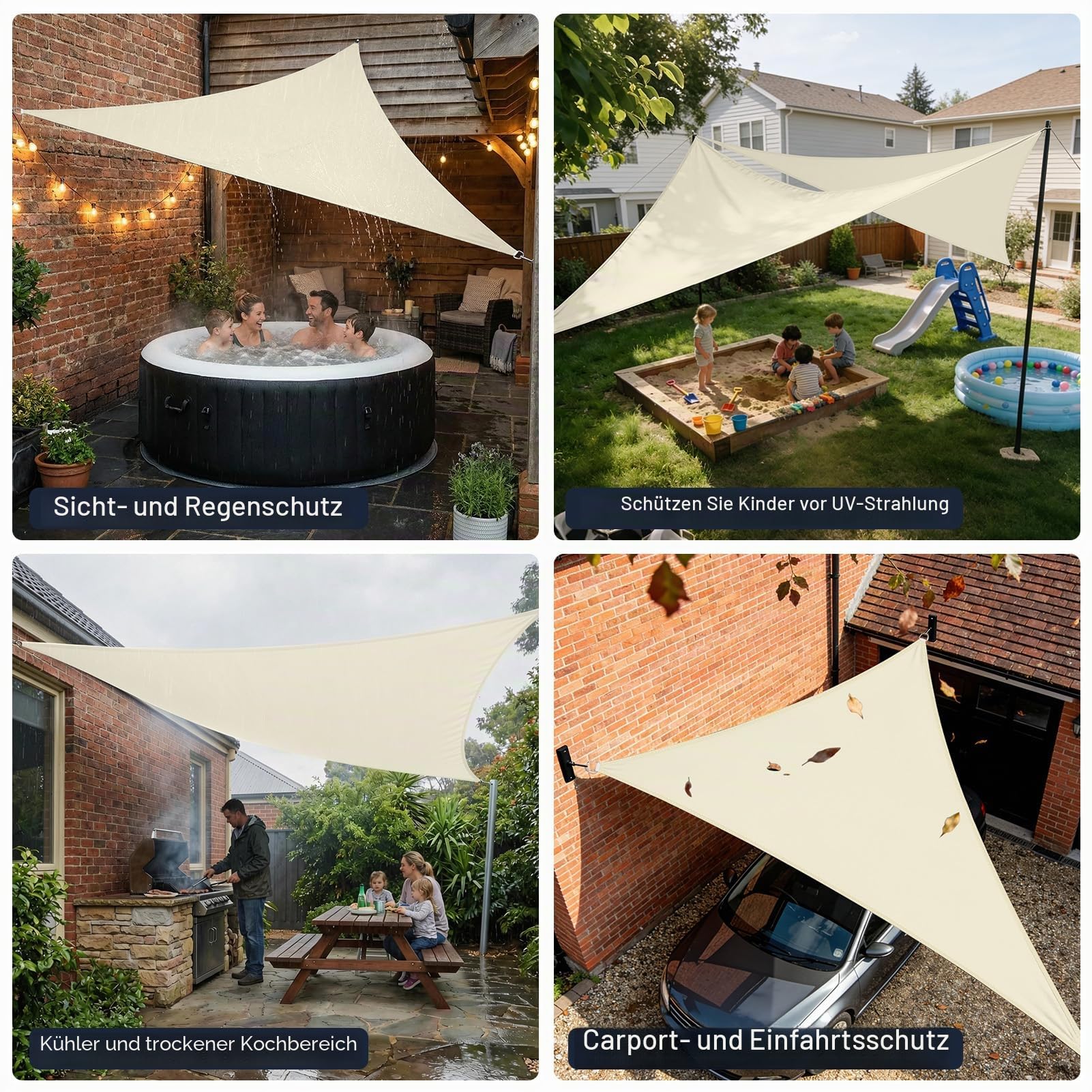 Sonnensegel Dreieck 2 x 2 x 2m Wasserdicht Sonnenschutz inkl Befestigungsseile PES Polyester mit UV Schutz für Garten Terrasse Camping, Cremeweiß