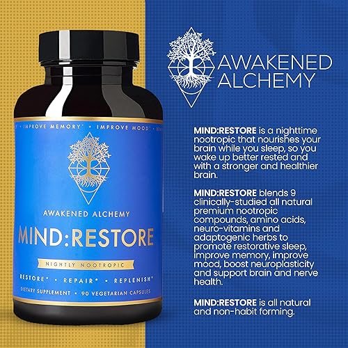 Miniatura 6 de MIND:RESTORE Suplemento nootrópico nocturno premium | Nutrición cerebral para la memoria y el sueño | 9 ingredientes premium | L Teanina melena de